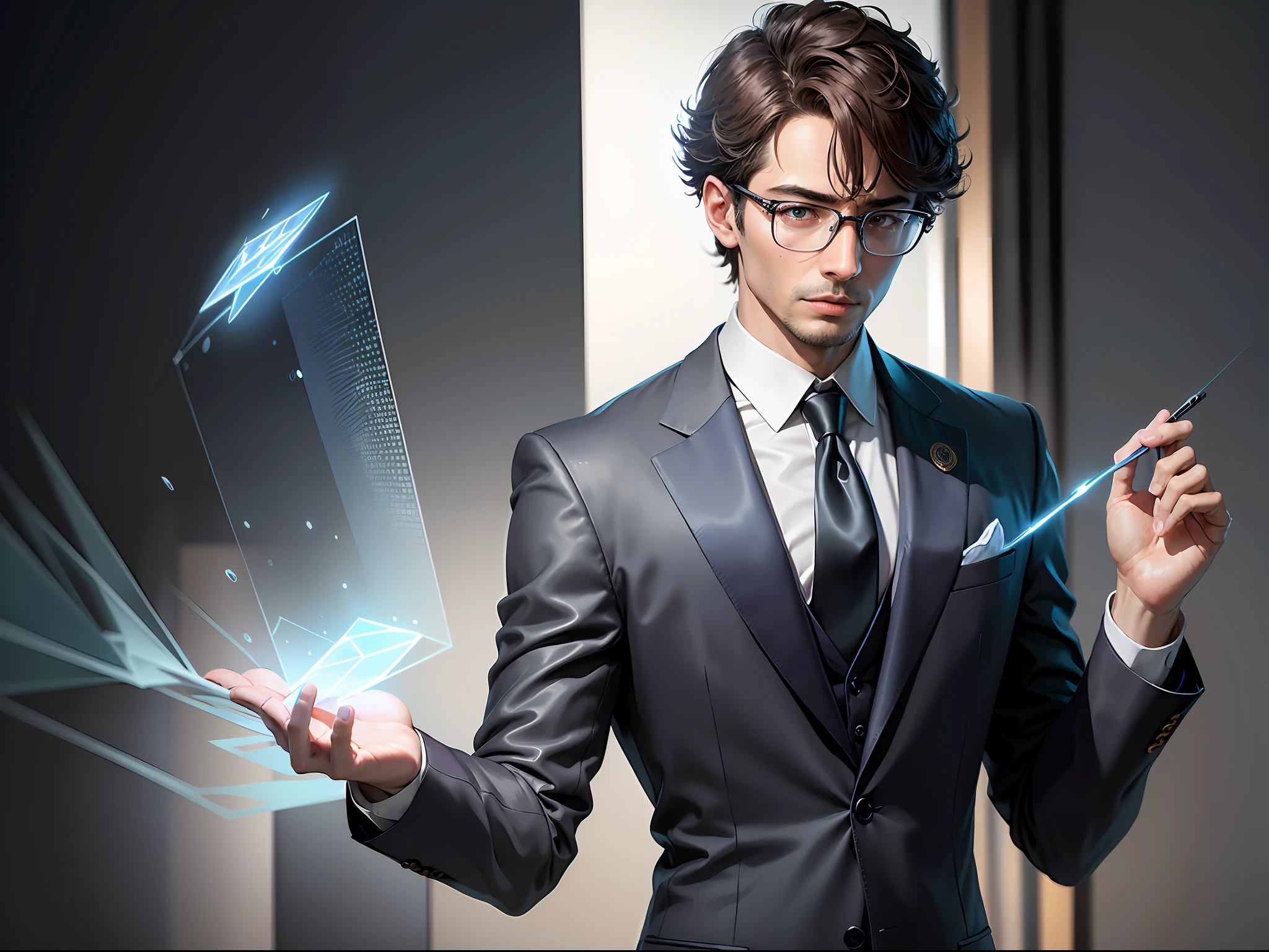 (HD illustration, exquisite, detailed, high-dimensional, situational) (1 man), wearing a smart suit, like a wise eye, wearing delicate glasses, wearing a high-quality shirt, explaining the data flow waterfall, elegant and flexible lines, bringing out the future technology prospects.