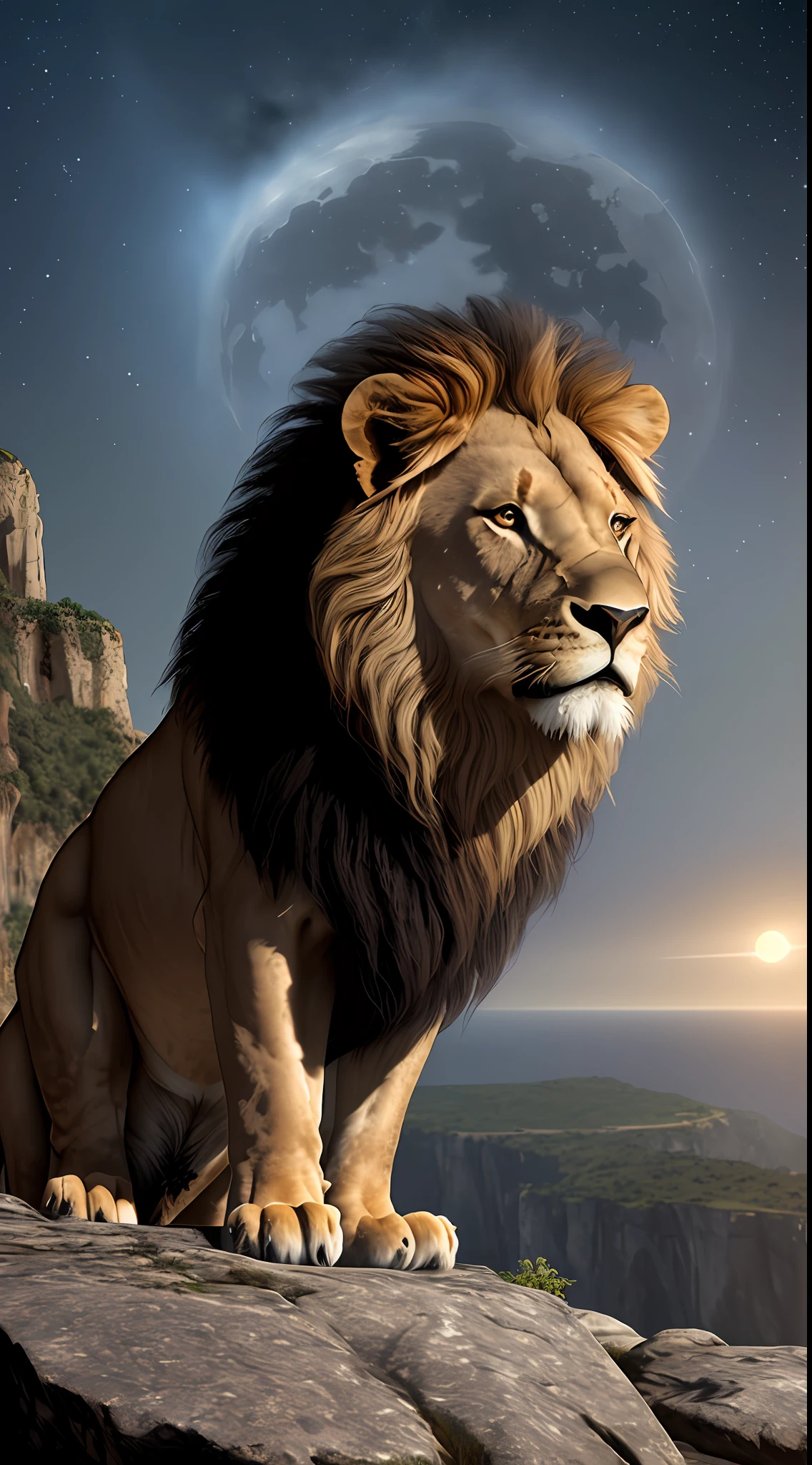 Distant photo of a seated lion, short neck, 1head per body, 4legs per body, no overlapped lion, (very realistic detailed lion), cliffs, dark night, big moon, many stars, space, alien planet background, digital painting, art station, concept art, breathtaking, high detail, very detailed, beautiful, setting shots, hyperrealism, Unreal Engine 5,