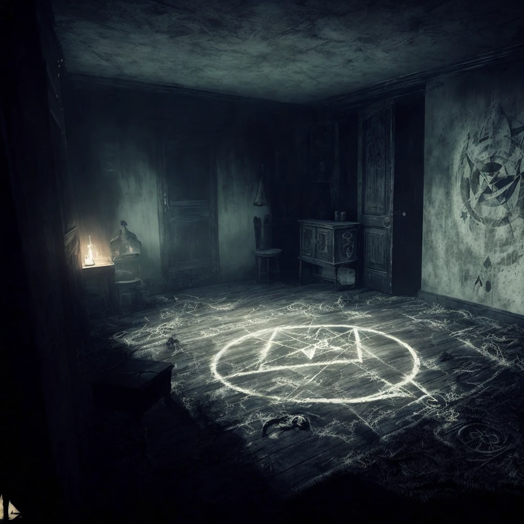 arafed room with a wooden floor and a large wall with a pentagram on it, ghost room, horror game graphics, foreboding room, eerie nostalgic concept art, a seance, creepy and dramatic atmosphere, photorealistic dark concept art, horror game, creepy ambiance, horror video game, room with eerie feeling, summoning circle, ghostly silhouettes