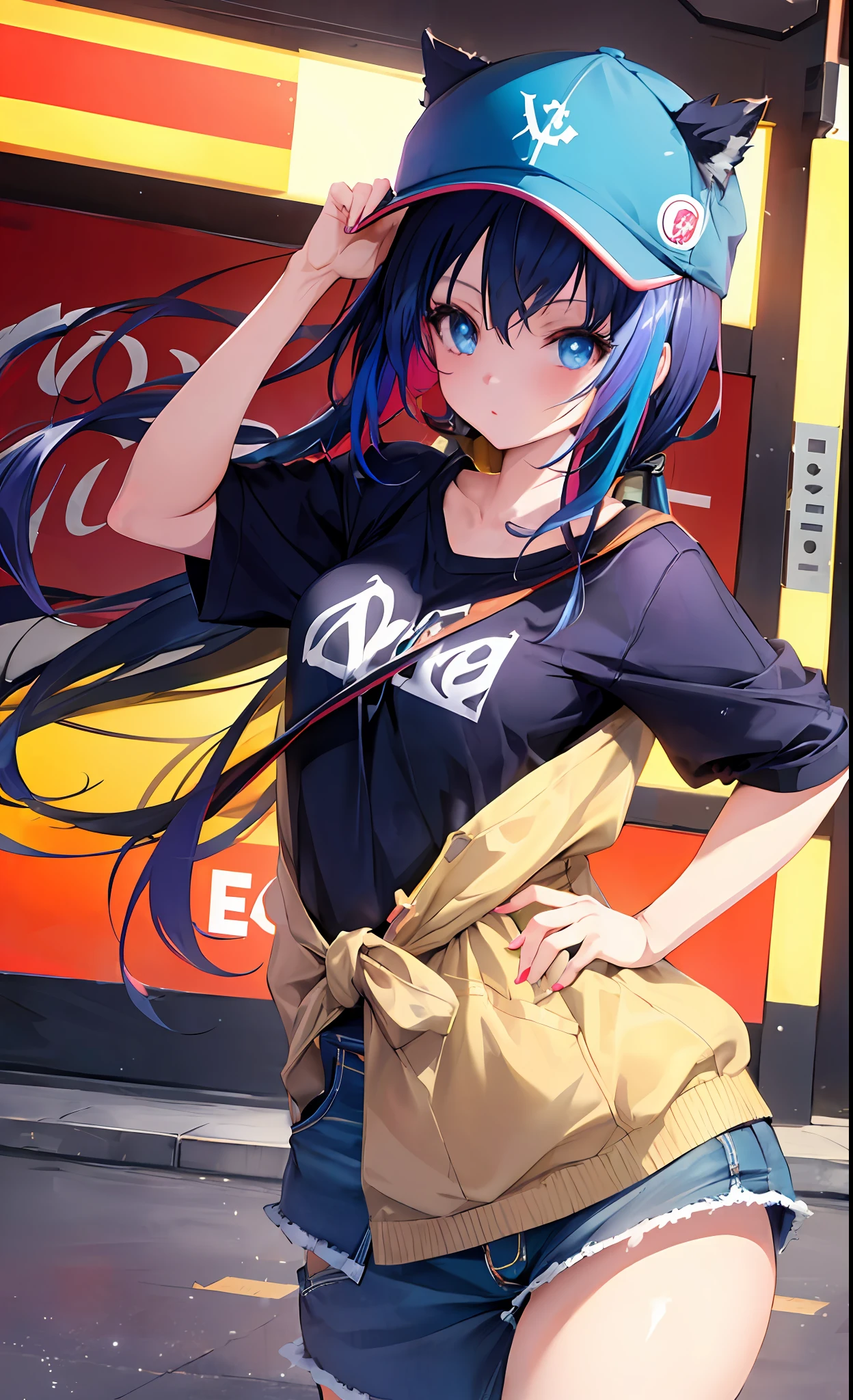 Anime girl, perfect face, extremely detailed, perfect hands,cute photo pose,wearing a hat, comfortable baggy clothing, sparkling eye's,close up shot, vibrant colors,day,city streets,8k,64k, HD, unparalleled masterpiece, dynamic lighting, cinematic, epic