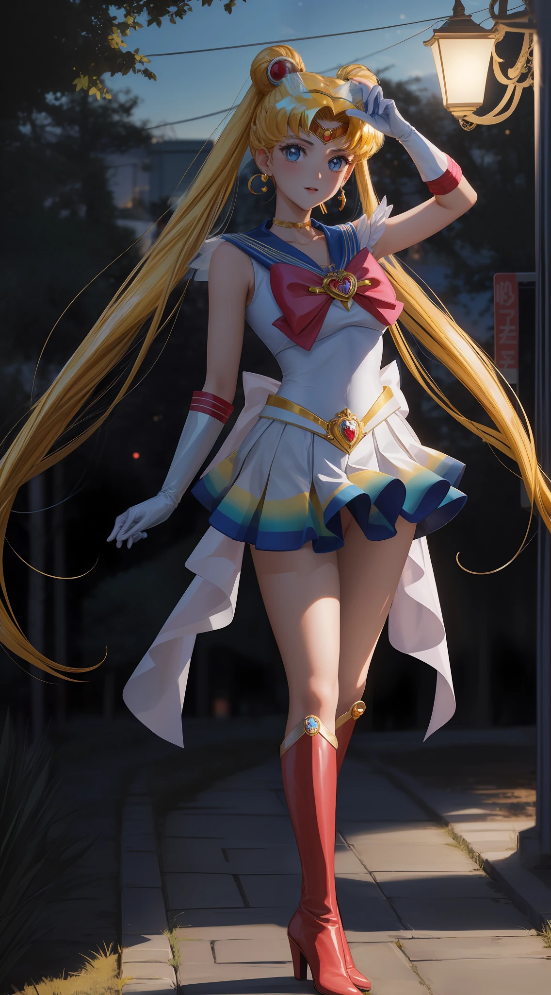 masterpiece, best quality, (1 girl), super sailor moon, cowboy shot, outdoor, night, moonlight, evening, starry sky, clean sky, clouds, white gloves, blue eyes, colorful clothes, sailor senishi uniform, multicolored skirt, hair ornament, red bow, brooches, brooches, heart brooch, earrings, crescent, heart necklace, heart, very long hair, crescent earrings, tiara, yellow necklace, boots, knee boots, red shoes, posing, standing,
