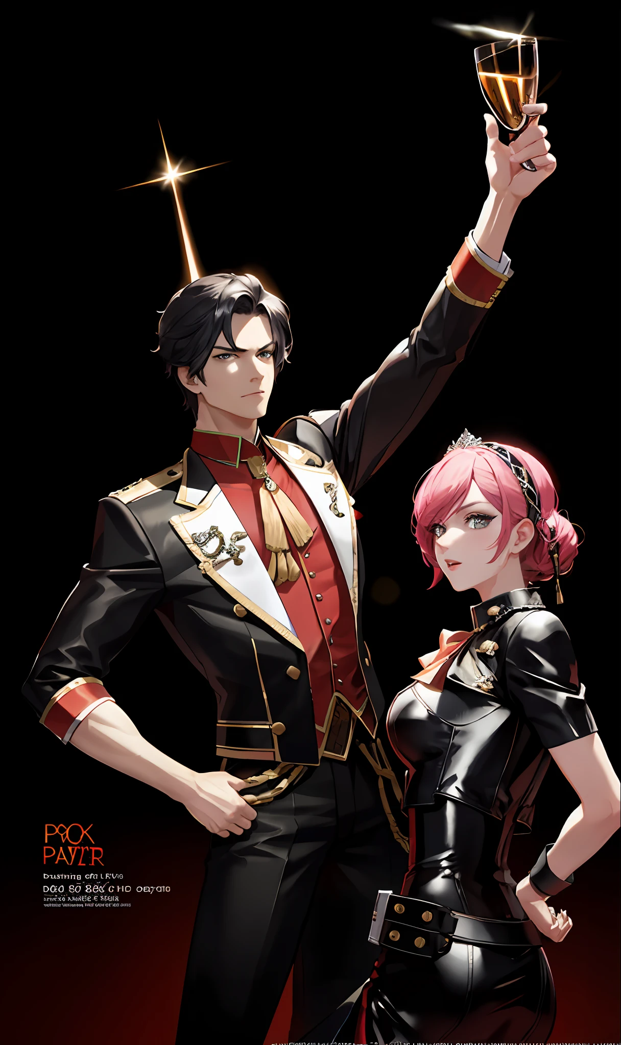 Poster, Party King Shines, Dual Character Image, Rebellious, Black, Leather, Colorful, Artdeco, ((Ultra Wide Lens)), Tone Mapping, Dramatic Lighting, (8K Resolution), 8K, 8Kres, Masterpiece, Best Quality - V6