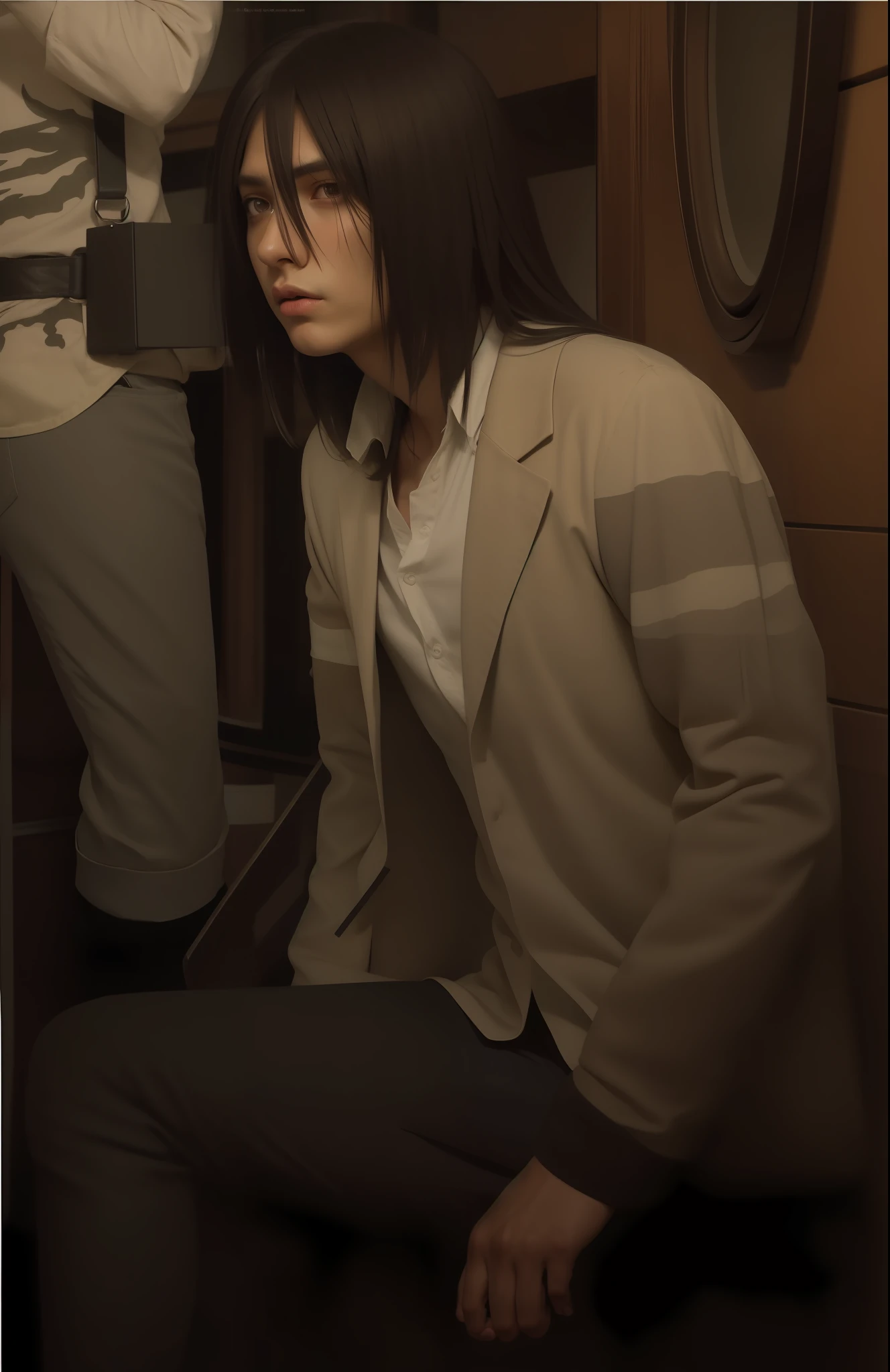 best quality, masterpiece, (realistic: 1.2), 1 man, Eren Jaeger, real life, live action, black jeans, brown hair, loose hair, long hair, attack on Titan, cold background, black jacket, slim body, high definition, high quality, sunset background
