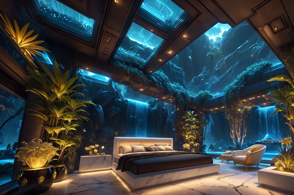 incredible luxurious futuristic bedroom interior in Ancient Egyptian style with many (((lush plants, gorgeous flowers))), (lotus flowers), ((palm trees)), rocky walls, ((sand)), ((waterfalls)) (marble), ((precious minerals)), ((metals)), (gemstones), crystals, clouds and ((water)), ((futuristic luxury furniture)), crocodiles, (hieroglyphics), (((ultra luxury))), (black marble) – with ((beautiful lights)), Unreal Engine, HQ, 16k