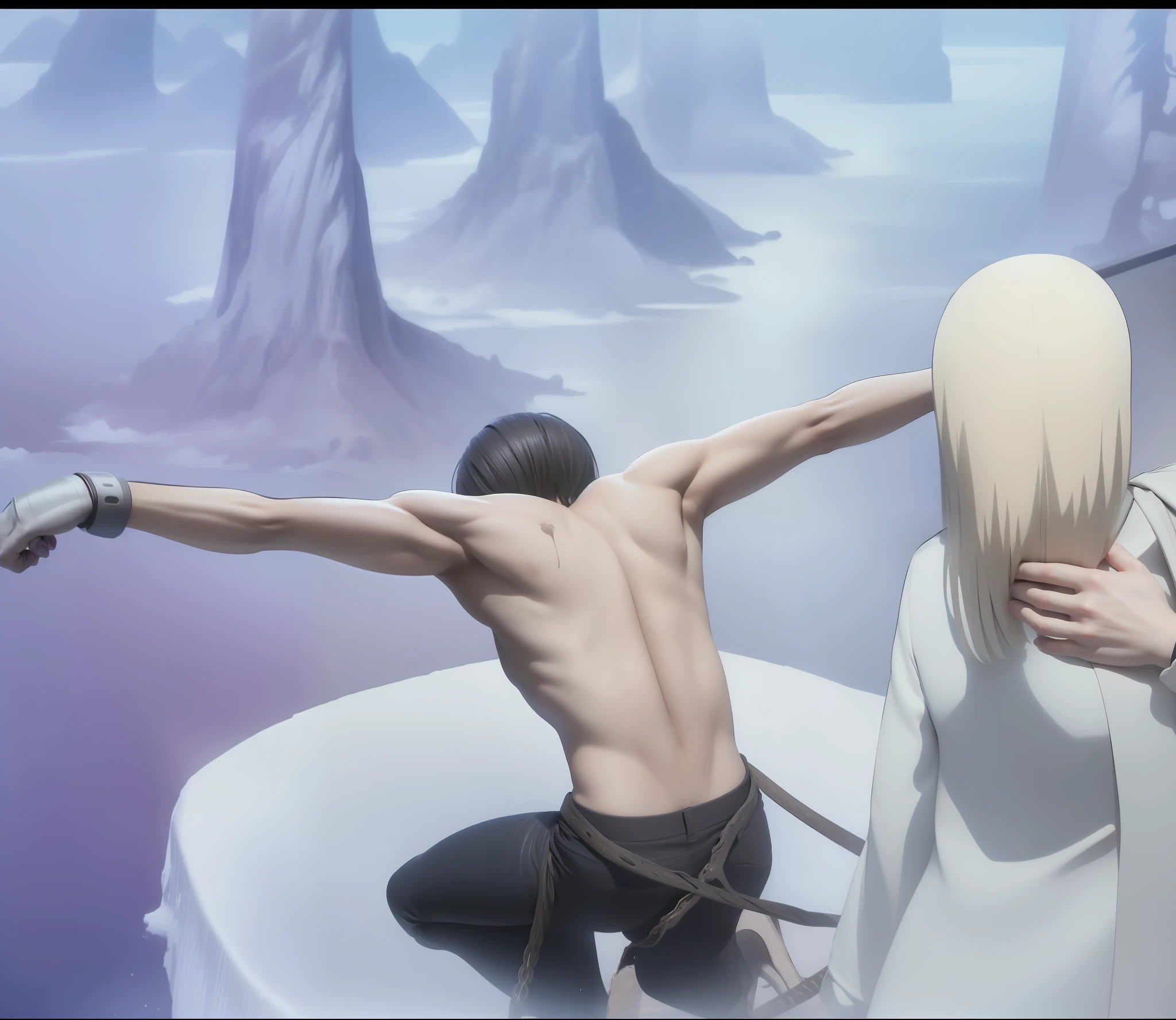 best quality, masterpiece, (realistic: 1.2), 1 man, Eren Jaeger, real life, live action, black jeans, black pants, brown hair, attack on Titan, long hair, abs, muscles, shirtless, sunset background, looking at the mirror, black jacket, fitness, fit body, slim body, high definition, high quality, gigachad, back muscles, back