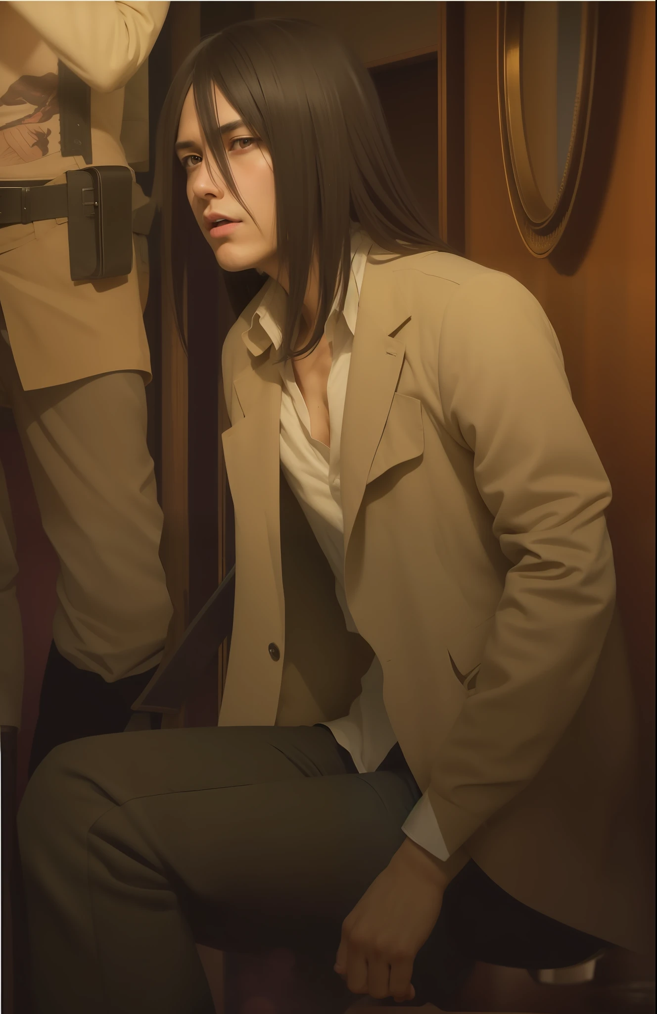 best quality, masterpiece, (realistic: 1.2), 1 man, Eren Jaeger, real life, live action, black jeans, brown hair, loose hair, long hair, attack on Titan, cold background, black jacket, slim body, high definition, high quality, sunset background
