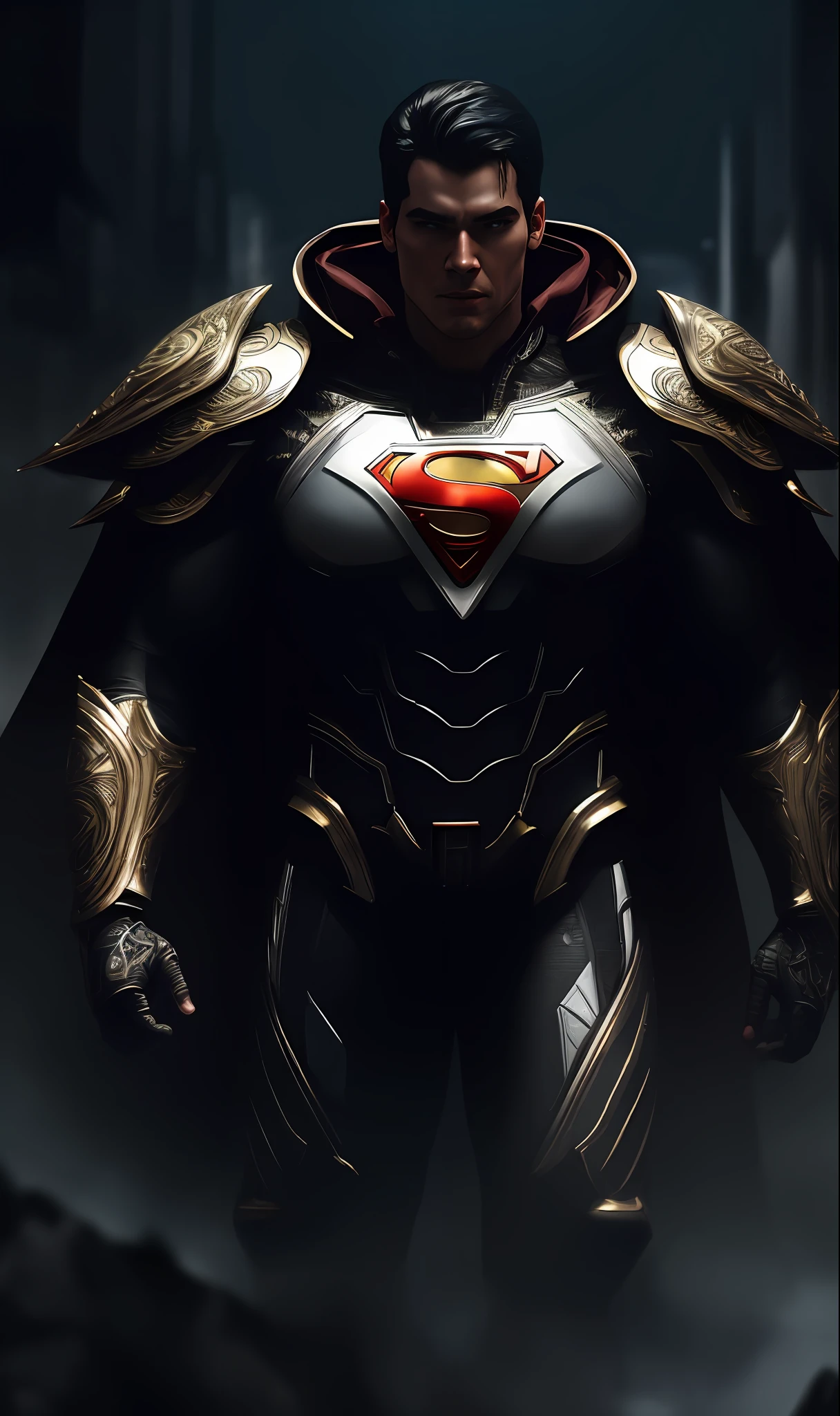 full body shot of Cyborg Superman in white and gold armour style suit, no mask on, white cape, looking at center camera, perfect composition, beautiful detailed intricate insanely detailed octane render trending on artstation, 8 k artistic photography, photorealistic concept art, soft natural volumetric cinematic perfect light, chiaroscuro, award - winning photograph, masterpiece, oil on canvas, raphael, caravaggio, greg rutkowski, beeple, beksinski, giger, trending on artstation, sharp focus, studio photo, intricate details, highly detailed, night city background, by greg rutkowski