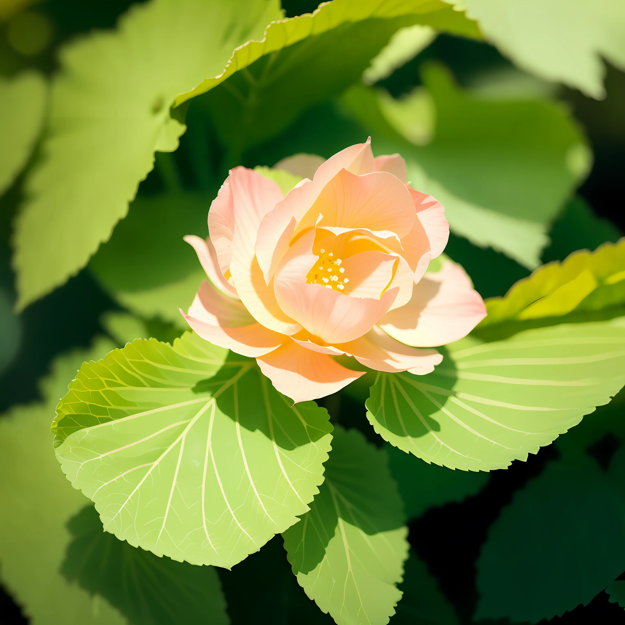 An ultra-detailed masterpiece illustration of a sweet begonia flower, floating elegantly in soft sunlight. Best quality, high resolution and dynamic angle to showcase the intricate details of the beautiful flower. Volumetric light creates a dreamy atmosphere, with depth of field to blur the lush green forest background.