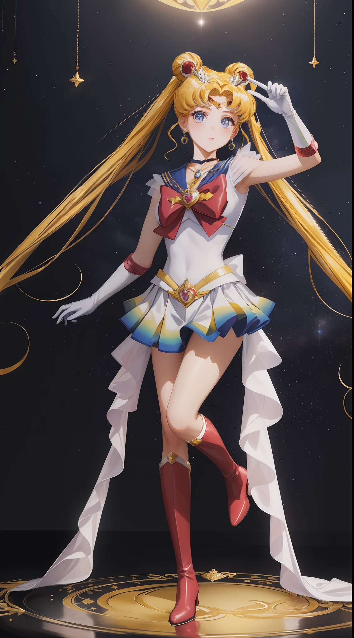 masterpiece, best quality, (1 girl), super sailor moon, cowboy shot, night, lunar crown, evening, starry sky, clean sky, clouds, white gloves, blue eyes, colorful clothes, sailor chiseki uniform, multicolored skirt, hair ornament, red bow, brooches, brooches, heart brooches, earrings, crescent, heart necklace, heart, very long hair, crescent earrings, tiara, yellow necklace, boots, knee boots, red shoes, posing, standing,