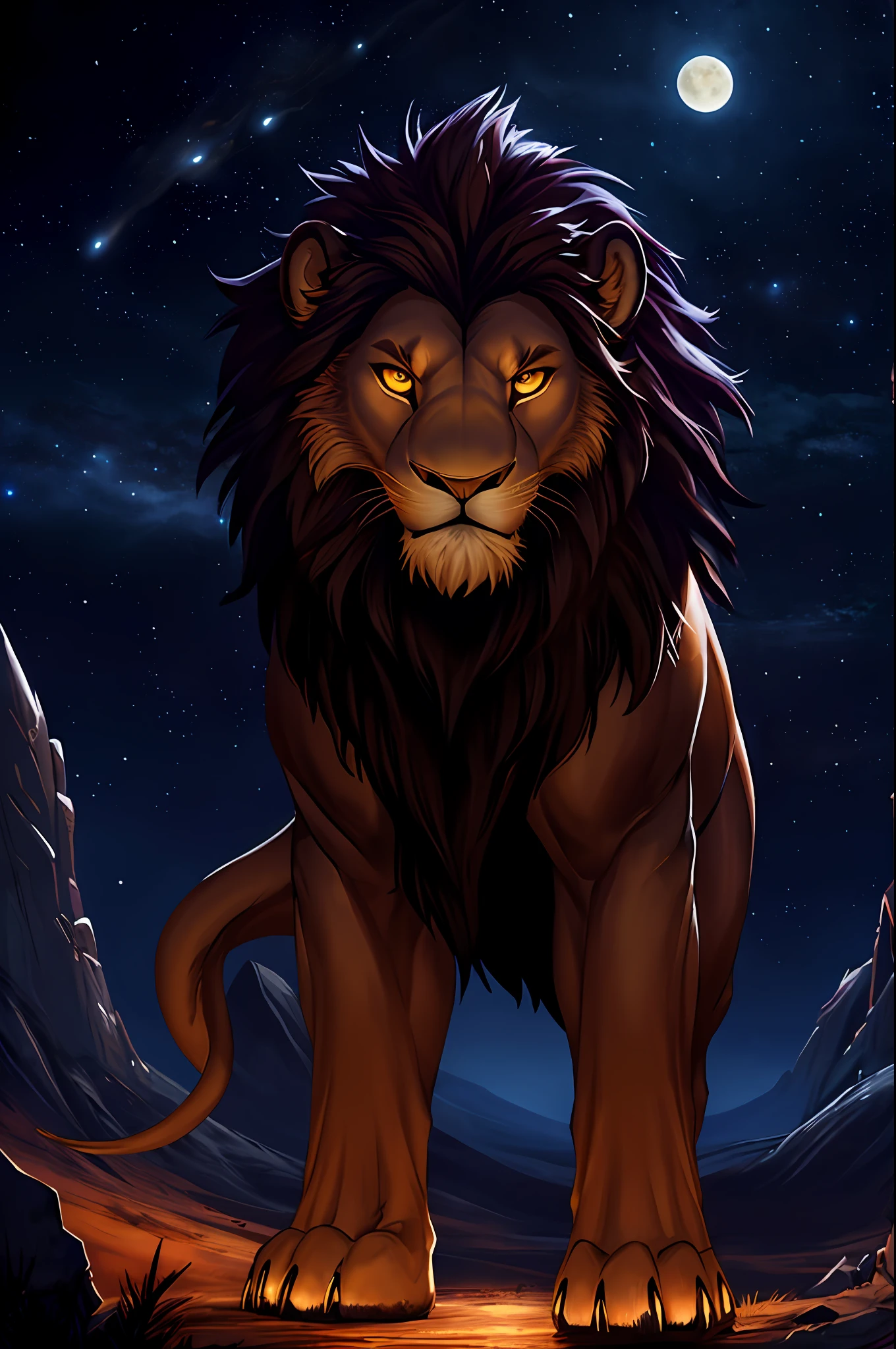 Distant photo of a detailed lion staring at it, 1head per body, 4legs per body, no more than 1lions, (dark night, big moon, many stars, universe, alien planet background), digital painting, art station, concept art, breathtaking, high detail, very detailed, beautiful, setting shots, hyperrealism, Unreal Engine 5,