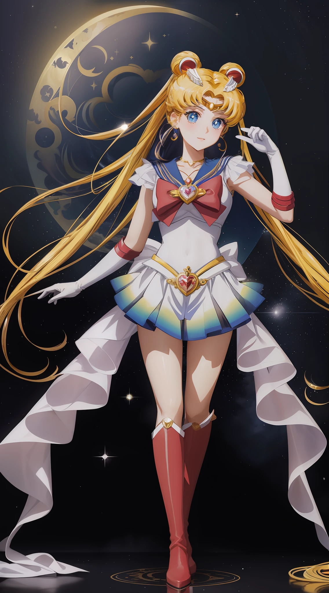 masterpiece, best quality, (1 girl), super sailor moon, cowboy shot, night, lunar crown, evening, starry sky, clean sky, clouds, white gloves, blue eyes, colorful clothes, sailor chiseki uniform, multicolored skirt, hair ornament, red bow, brooches, brooches, heart brooches, earrings, crescent, heart necklace, heart, very long hair, crescent earrings, tiara, yellow necklace, boots, knee boots, red shoes, posing, standing,