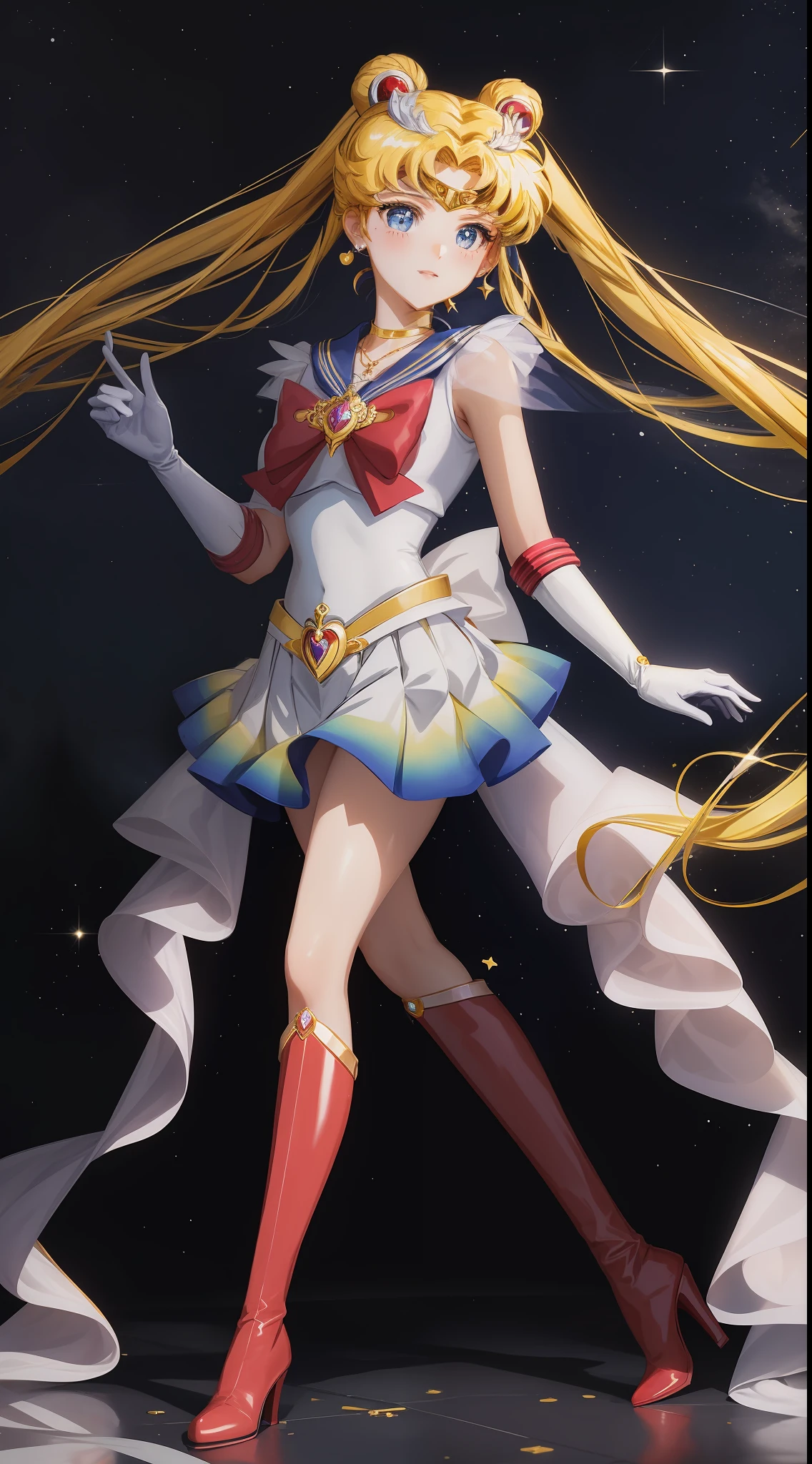 masterpiece, best quality, (1 girl), super sailor moon, cowboy shot, night, lunar crown, evening, starry sky, clean sky, clouds, white gloves, blue eyes, colorful clothes, sailor chiseki uniform, multicolored skirt, hair ornament, red bow, brooches, brooches, heart brooches, earrings, crescent, heart necklace, heart, very long hair, crescent earrings, tiara, yellow necklace, boots, knee boots, red shoes, posing, standing,