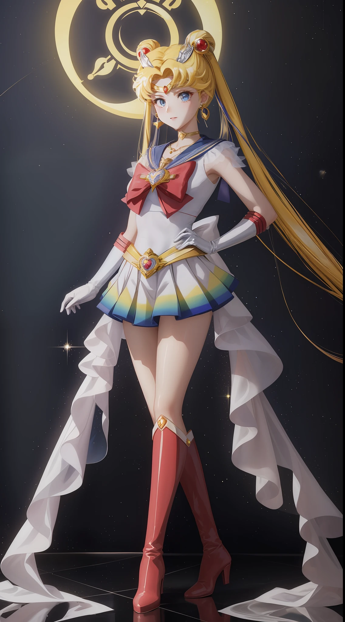 masterpiece, best quality, (1 girl), super sailor moon, cowboy shot, night, lunar crown, evening, starry sky, clean sky, clouds, white gloves, blue eyes, colorful clothes, sailor chiseki uniform, multicolored skirt, hair ornament, red bow, brooches, brooches, heart brooches, earrings, crescent, heart necklace, heart, very long hair, crescent earrings, tiara, yellow necklace, boots, knee boots, red shoes, posing, standing,