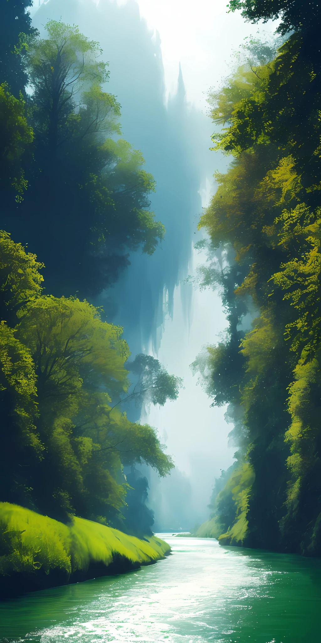 Analog style,ChromaV5,nvinkpunk,(extremely detailed CG unity 8k wallpaper),An image of a majestic river, trees on the sides, tiny waterfall, intense fog ,award winning photography, Chromatic Aberration, Detailed , HDR, Bloom, style by Monet, Pissarro, and Sisley ,trending on ArtStation, trending on CGSociety, art by midjourney
