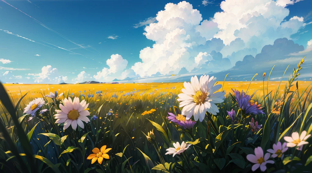 (Summer prairie),(few small flowers),(large clouds),(deep field focus bokeh),(surrealism),(hyper-detail),(soft light),(ray tracing),(cinematic), (blue sky:1.3),(hot weather:1.1),(8k detail)