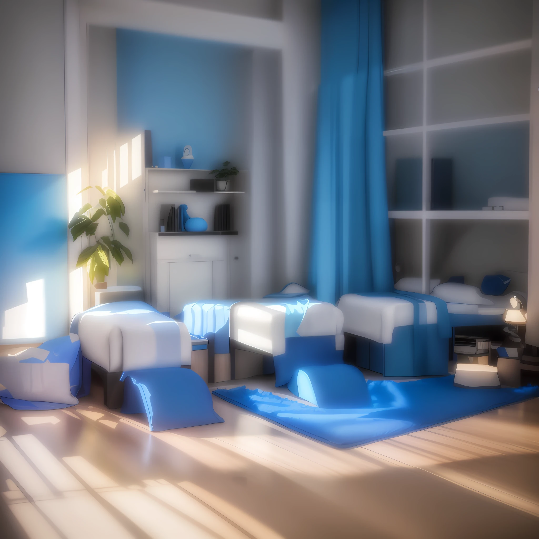 there are two beds in the room with a blue wall, personal room background, interior background art, scene render, semi - realistic render, realistic afternoon lighting, rendered in v-ray, stylized 3d render, cozy home background, stylized as a 3d render, photorealistic room, rendered in pov - ray, living room background