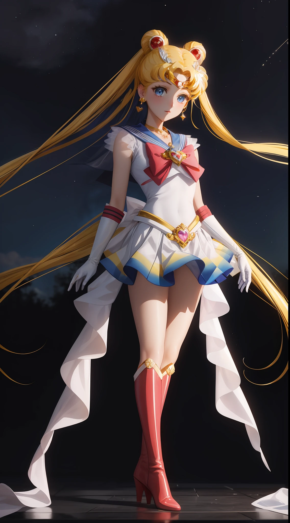 masterpiece, best quality, (1 girl), super sailor moon, cowboy shot, night, lunar crown, evening, starry sky, clean sky, clouds, white gloves, blue eyes, colorful clothes, sailor chiseki uniform, multicolored skirt, hair ornament, red bow, brooches, brooches, heart brooches, earrings, crescent, heart necklace, heart, very long hair, crescent earrings, tiara, yellow necklace, boots, knee boots, red shoes, posing, standing,