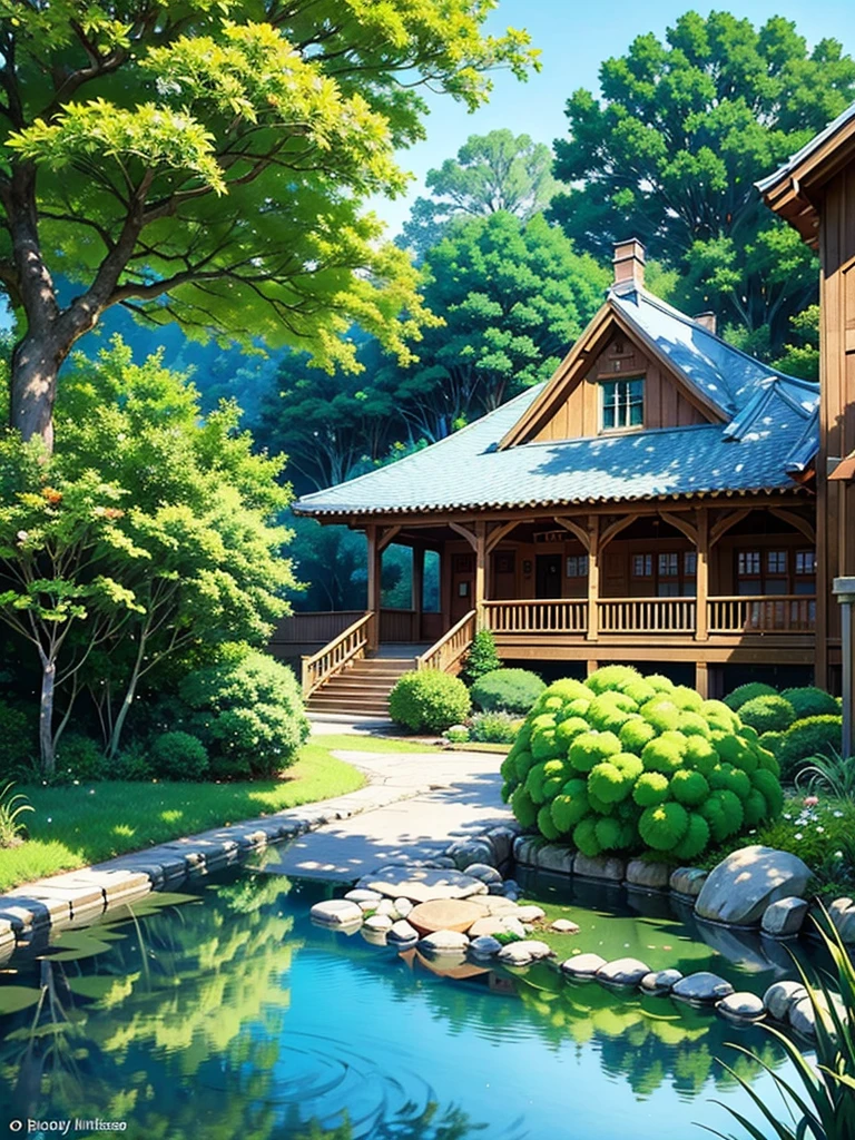 anime scene of a house with a porch and a garden, concept art inspired by Studio Ghibli, polycount contest winner, shin hanga, ghibli studio style, studio ghibli environment, style of studio ghibli, studio ghibli aesthetic, ghibli studio art, greg rutkowski studio ghibli, studio ghibli artstyle, studio ghibli smooth concept art, studio ghibli art style, studio ghibli concept art