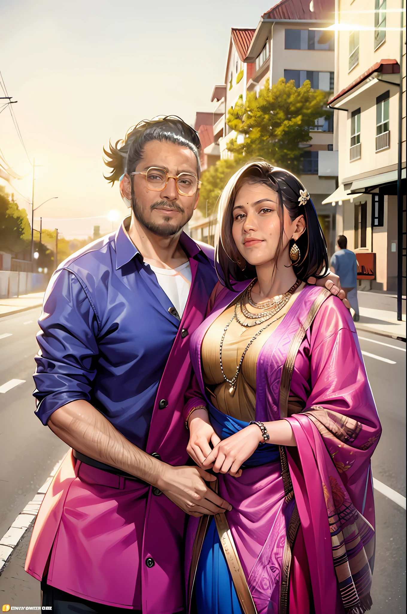 realistic portrait of cute man and woman embracing, indian, couple, current fashion, kanekalon hair, sunset background on a road close-up, product view, detailed facial details, perfect face, trend art, sharp facial details, cgsociety, ultra-quality digital art, hyper-exquisite details, 4k, 8k soft lighting, dreamy, fashion, engine rendering unreal -