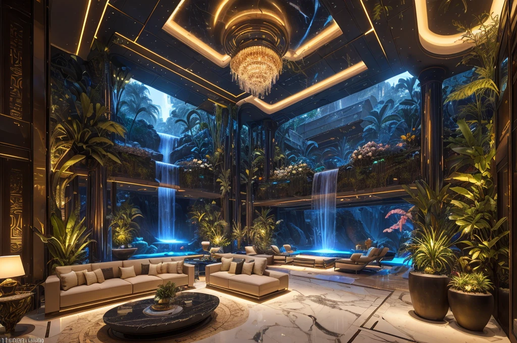 incredible luxurious futuristic living room interior in Ancient Egyptian style with many (((lush plants, gorgeous flowers))), (lotus flowers), ((palm trees)), rocky walls, ((sand)), ((waterfalls)) (marble), ((precious minerals)), ((metals)), (gemstones), crystals, clouds and ((water)), (curvy futuristic furniture), crocodiles, (hieroglyphics), (((ultra luxury))), (black marble) – with ((beautiful lights)), Unreal Engine, HQ, 16k