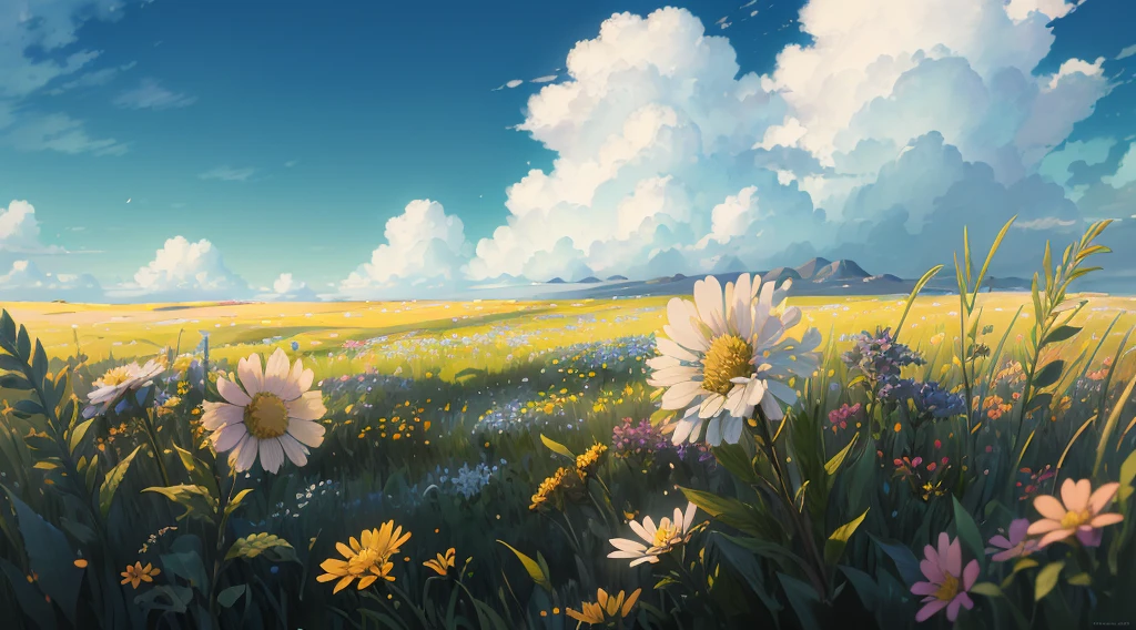 (Summer prairie),(few small flowers),(large clouds),(deep field focus bokeh),(surrealism),(hyper-detail),(soft light),(ray tracing),(cinematic), (blue sky:1.3),(hot  weather:1.1),(8k detail)