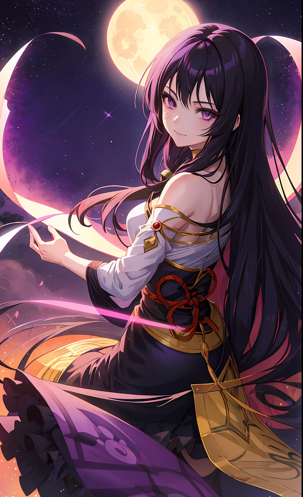 anime character with long hair and purple eyes in front of a full moon, beautiful girl, black - haired mage, anime portrait of a handsome man, anime girl, female anime character, kentaro miura manga art style, sengoku - era art style, male anime style, ilya kuvshinov with long hair, roguish smirk