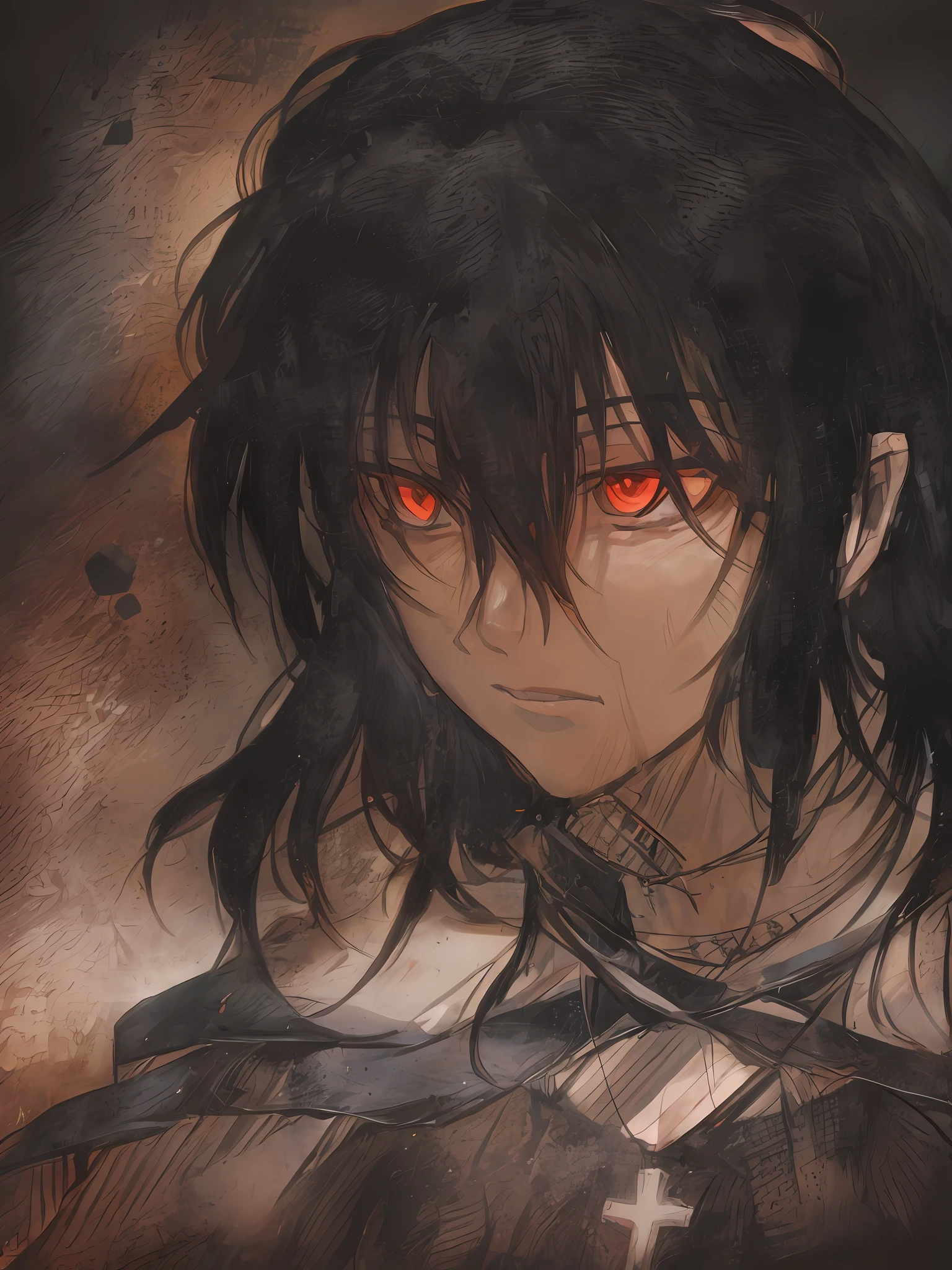anime character with a cross on his shoulder and a cross on his shoulder, portrait gapmoe yandere grimdark, gapmoe yandere grimdark, gapmoe yandere, handsome guy in demon slayer art, portrait of eren yeager, inspired by Okumura Masanobu, inspired by Yamagata Hiro, albedo, l · lawliet
