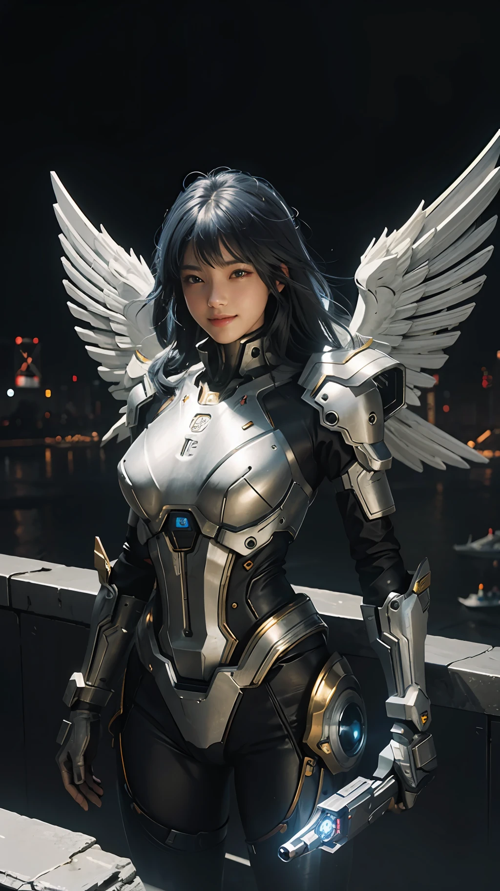 masterpiece,(bestquality),highlydetailed,ultra-detailed,1girl,(mechanicalwings:golden,glowingeyes:blue,silverarmor:1.2,elongatedears:0.8),(cyberpunkcity:1.5,weapon:energyblade),(fantasylandscape:1.2,natural lighting:1.5,confidentexpression),(panorama:1.2),mecha, smile,angle,Angels, wings,