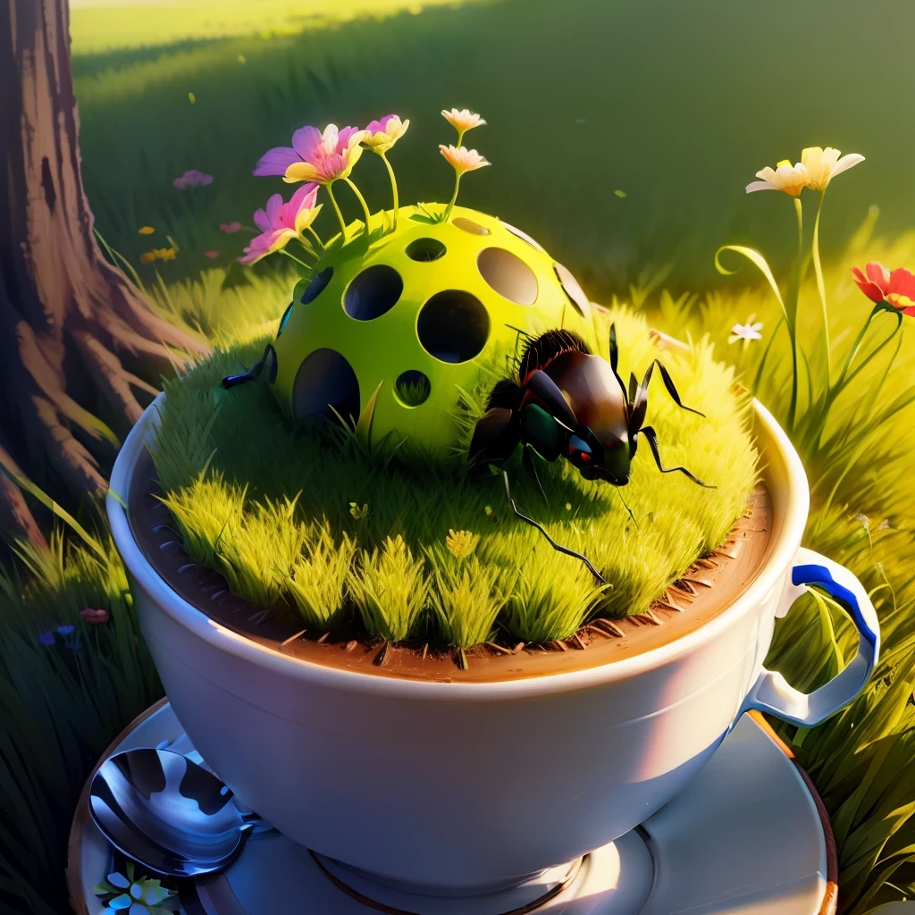ant hill made from abandoned cup with grass and flowers