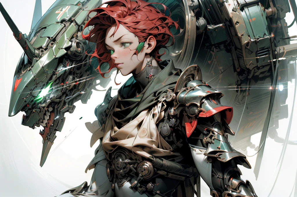 Masterpiece, Best Quality, Cinema, Official Art, Propaganda Art, Cinema Wallpapers, Very Detailed CG Unity 4k Wallpaper, Intricate Details, White Background, (Upper Body, Facial Focus, Facing the Camera, Front), Concept Art, Production Art, ( , Highres, (Realistic, Photo-realistic:1.2), Physically-based Rendering, machinery, reflection, realistic, cyberpunk, symmetric front view close up head shot eyes symmetry face very sharp focus realistic award winning matte drawing movie lighting 1 boy, (Illustration: 1.1), slim, fair skin, delicate face, pitch-black armor, shine, tights, (short red hair), green eyes, battlefield, chip, shine, long sword