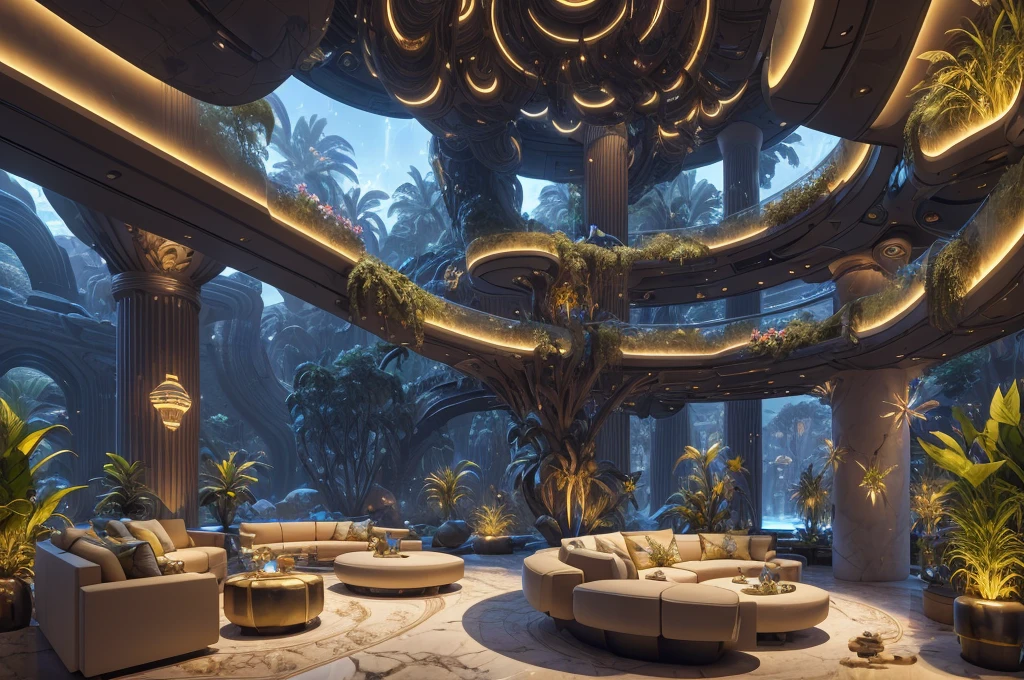 incredible luxurious futuristic living room interior in Ancient Egyptian style with many (((lush plants, gorgeous flowers))), (lotus flowers), ((palm trees)), rocky walls, ((sand)), ((waterfalls)) (marble), ((precious minerals)), ((metals)), (gemstones), crystals, clouds and ((water)), ((curvy futuristic furniture)), crocodiles, (hieroglyphics), (((ultra luxury))), (black marble) – with ((beautiful lights)), Unreal Engine, HQ, 16k