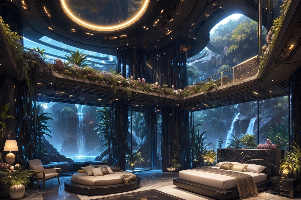 incredible luxurious futuristic bedroom interior in Ancient Egyptian style with many (((lush plants, gorgeous flowers))), (lotus flowers), ((palm trees)), rocky walls, ((sand)), ((waterfalls)) (marble), ((precious minerals)), ((metals)), (gemstones), crystals, clouds and ((water)), ((curvy futuristic furniture)), crocodiles, (hieroglyphics), (((ultra luxury))), (black marble) – with ((beautiful lights)), Unreal Engine, HQ, 16k