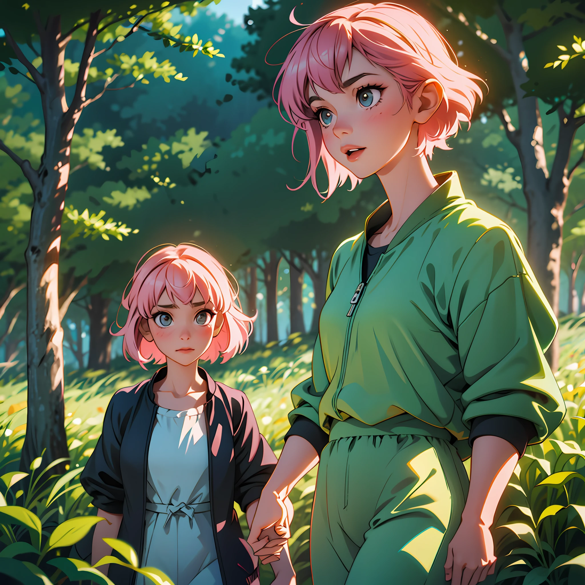 fairy in bright forest, attractive style, dynamic light and shadow, short pink hair, disheveled clothes, no clothing, clean nosed face, teasing lips, blurred background, blush, teasing face, glowing eyes, full body shot, dark night, Makoto Shinkai and Ghibli studio, soft lighting, high detail, incredible quality, trending at art station, masterpiece, 8K