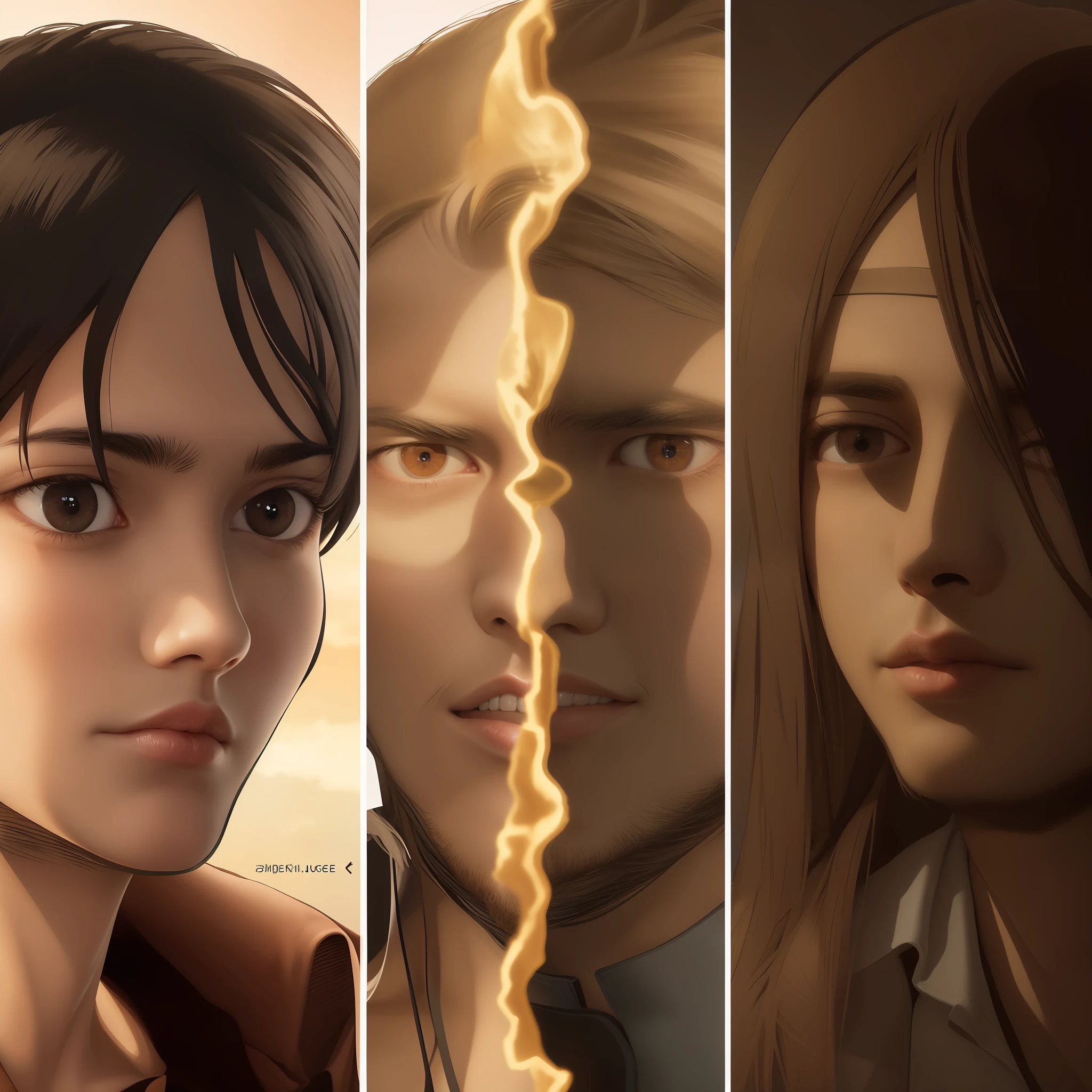 best quality, masterpiece, (realistic: 1.2), 1 man, Eren Jaeger, real life, live action, black jeans, brown hair, loose hair, long hair, attack on Titan, cold background, black jacket, slim body, high definition, high quality, sunset background