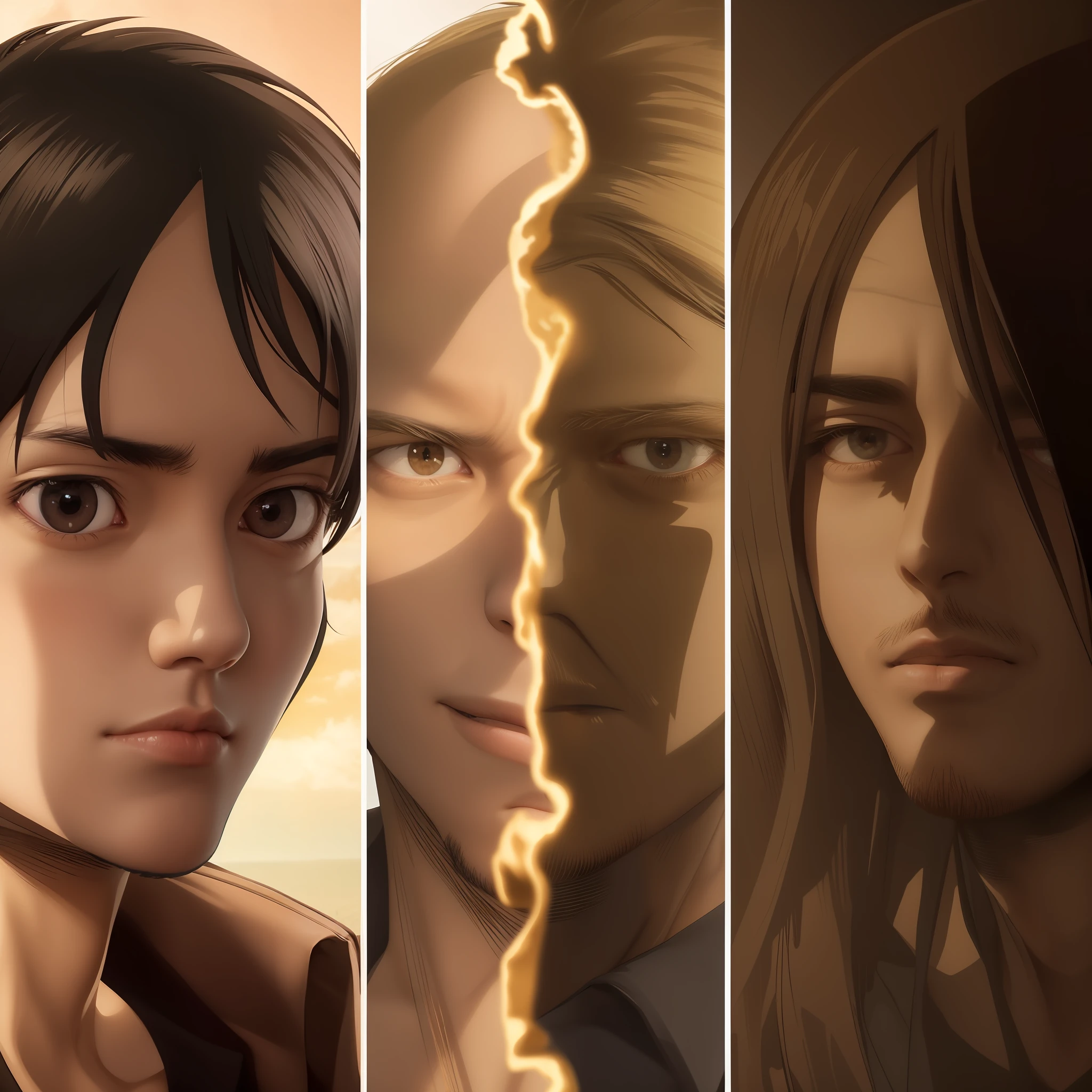 best quality, masterpiece, (realistic: 1.2), 1 man, Eren Jaeger, real life, live action, black jeans, brown hair, loose hair, long hair, attack on Titan, cold background, black jacket, slim body, high definition, high quality, sunset background