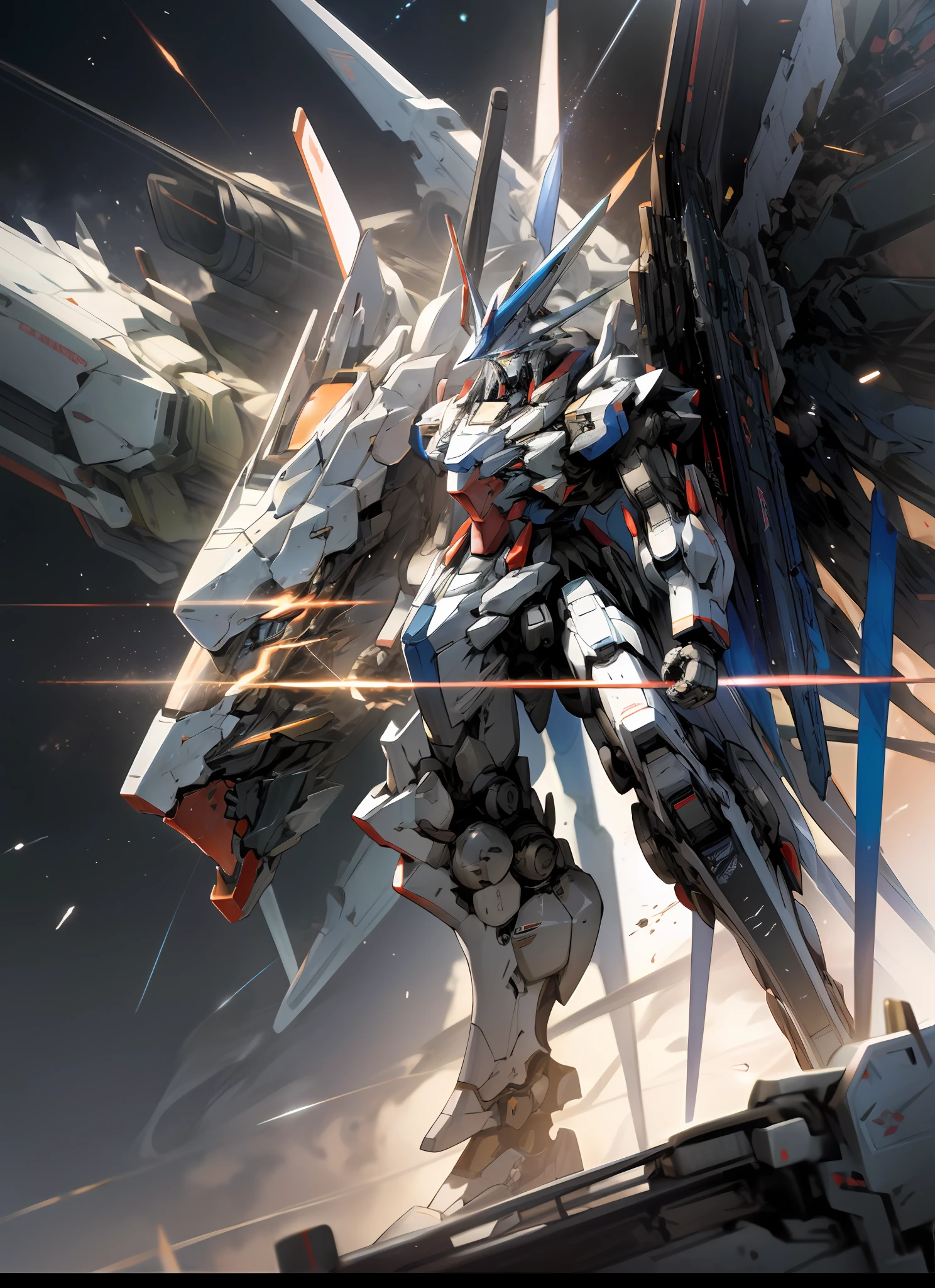Surrealism, ray tracing, UHD, high details, 8k, best quality, textured skin, Gundam mech, mecha dragon, masterpiece, best quality, mecha, unmanned, (full body), (white mech: 1.5), (axisymmetry: 1.4), (HDR), (movie light: 1.1), white eyes, cool, science fiction, fire, laser cannon beam, war, conflict, Space looking down on the background of the earth with weapons in hand, (holding huge weapons: 1.5), holding oversized shields, mecha men,