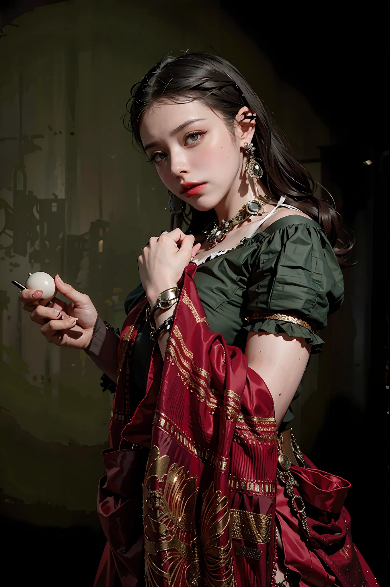 medium shot photo of a mix of (victorian:0.8) and (vampire costume:0.5) michelle trachtenberg with dark brunette hair, nice cleavage, intricate steampunk+ city, evening, dark, atmospheric, mist, best quality masterpiece, photorealistic, detailed, 8k, HDR, shallow depth of field, broad light, high contrast, backlighting, bloom, light sparkles, chromatic aberration, sharp focus, RAW color photo