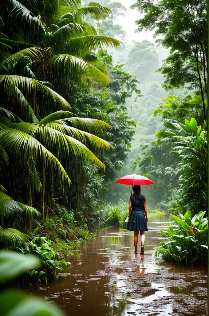 Beautiful girl, Pictures taken from afar, jungle background, detailed, wet mud floor, rainy weather, digital painting, art station, concept art, breathtaking, high detail, very detailed, beautiful, setting shots, hyperrealism, Unreal Engine 5,