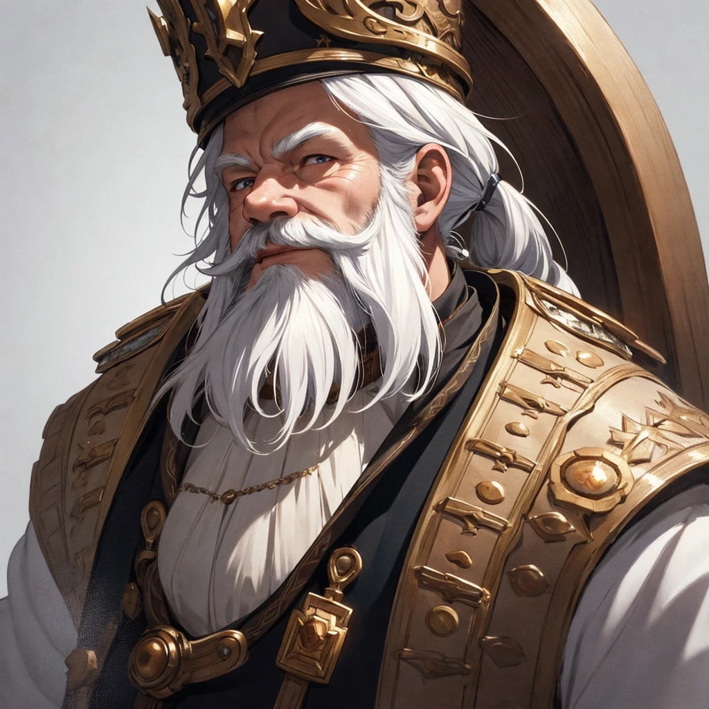 masterpiece, best quality, 1man, adult, old dwarf, male focus, solo, white hair, vibrant brown eyes, looking at viewer, High quality metal texture, closed mouth, upper body, high collar,(kbxll:0.6), Fantasy aesthetics, Highly detailed, shadowverse style, dwarf warrior, ponytail hair