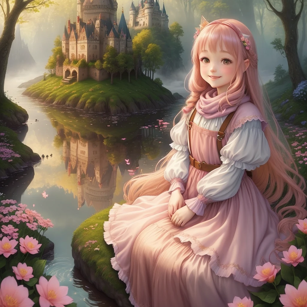 (fairy tale world, more detailed, fantasy fills every corner), (warm colors, soft picture), (a girl), pink forest dress, suspenders, shawl long hair, sitting near the water, smiling kindly, small animals behind you: little foxes, deer, little rabbits, scented among the flowers, the castle in the distance is shrouded in boundless mist.