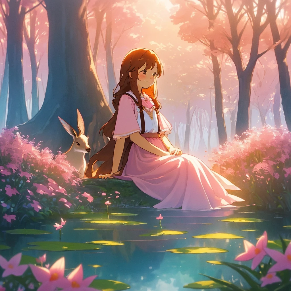 (fairy tale world, more detailed, fantasy fills every corner), (warm colors, soft picture), (a girl), pink forest dress, suspenders, shawl long hair, sitting near the water, smiling kindly, small animals behind you: little foxes, deer, little rabbits, scented among the flowers, the castle in the distance is shrouded in boundless mist.