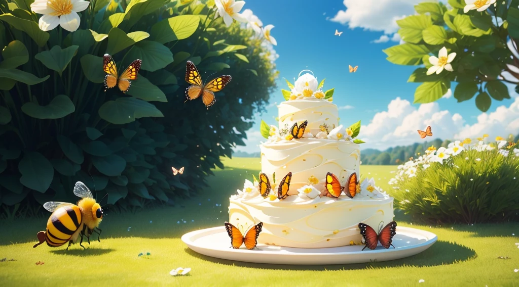 A group of cute puffy bees and a group of beautiful and moving butterflies, 3D, cartoon, guarding a cream cake, exquisite multi-layer cream fruit cake, elaborate decoration and irresistible charm, embodying the number 5, whipped cream HD, real, high-grade, beautiful nature background composed of various flowers, with flowers, small grass, blue sky and white clouds, lush grass