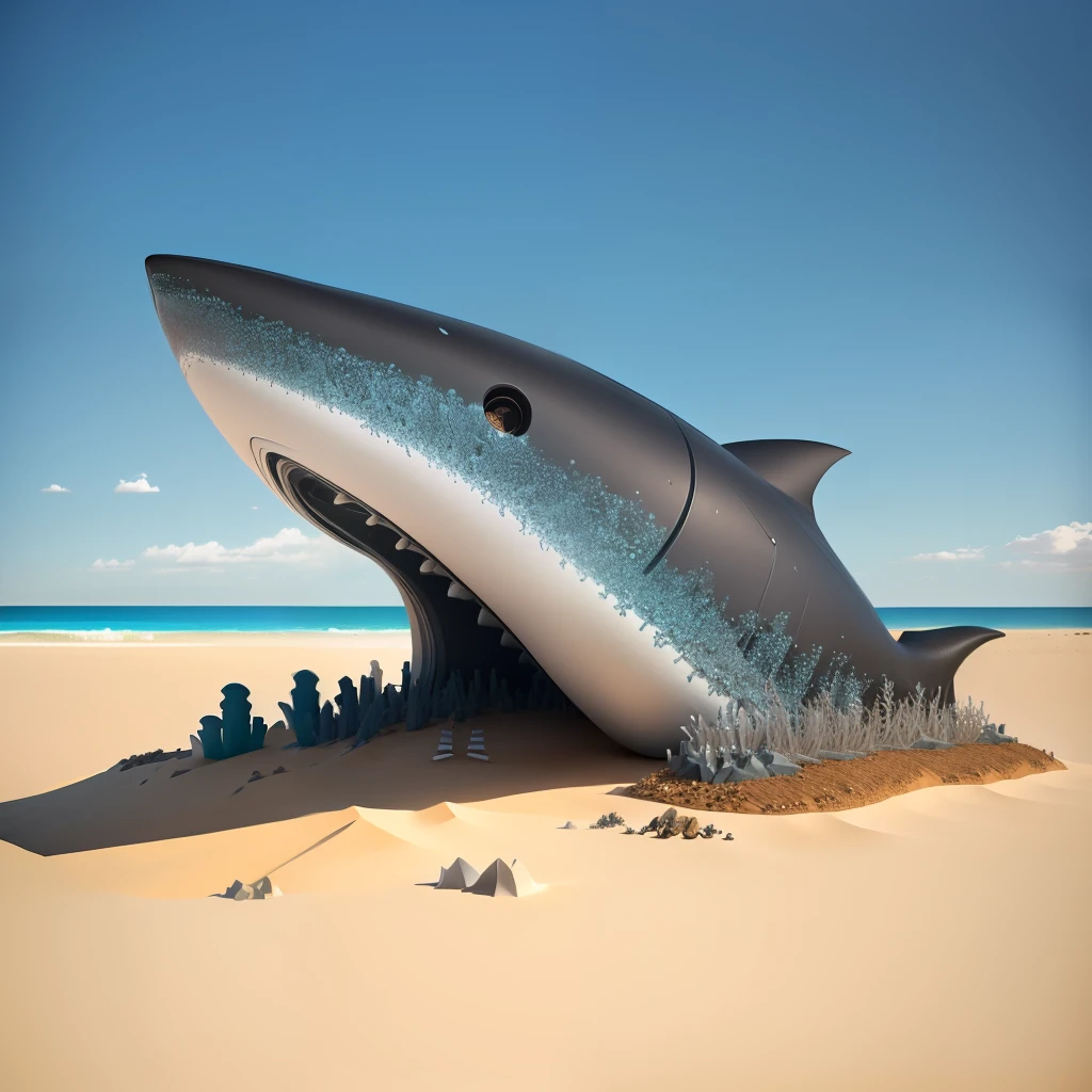 an anthill made from shark head bones design,whale,fantasy,animation,3D,upscale