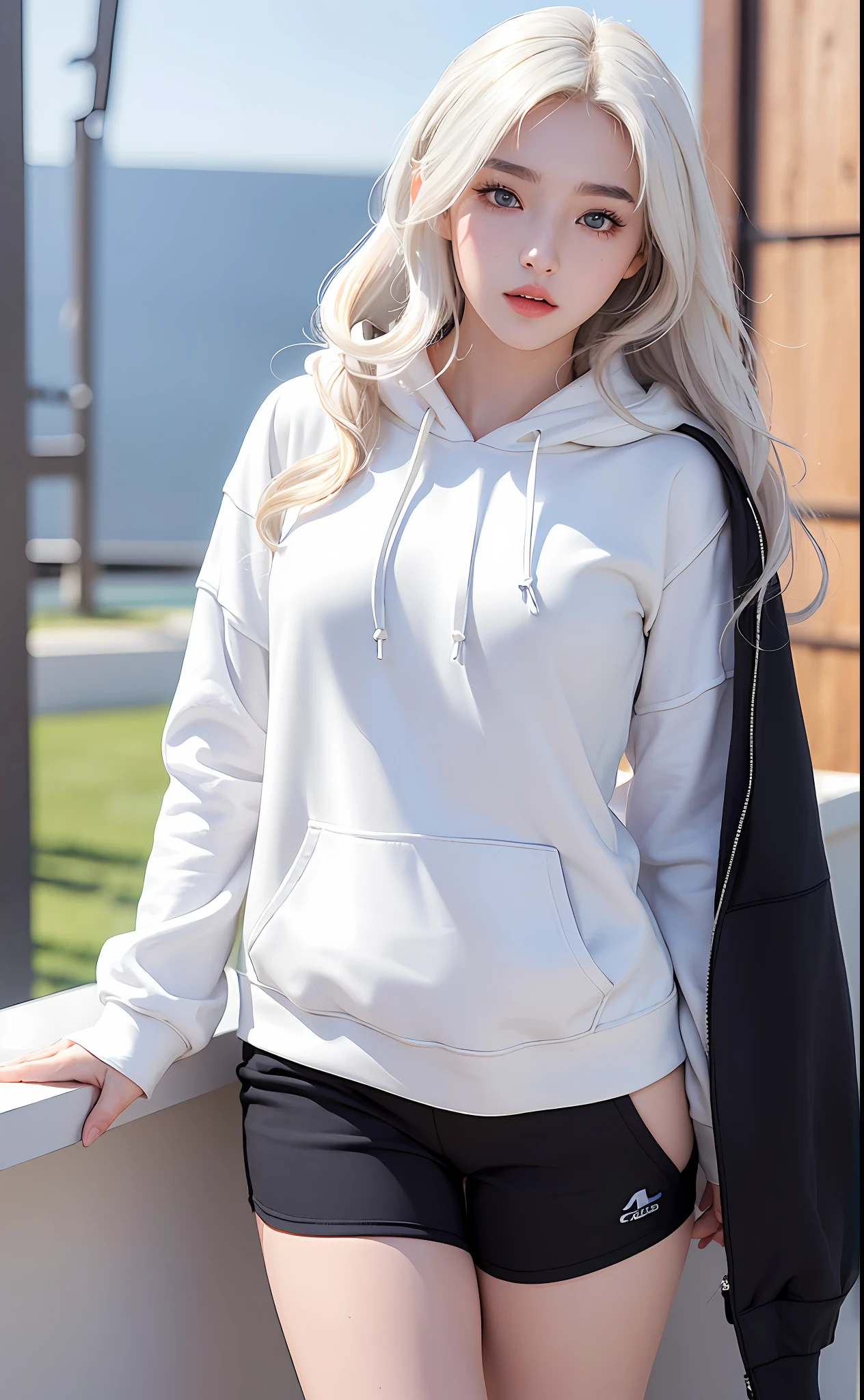 (Masterpiece, realistic, high resolution), (1 girl): 1.2), Korean, ((white wavy hair): 1.3), (heterochromic eyes: 1.1, thick eyebrows,), (white hoodie, black sports shorts), (medium breasts): 1.2, small waist, thighs), catwalk