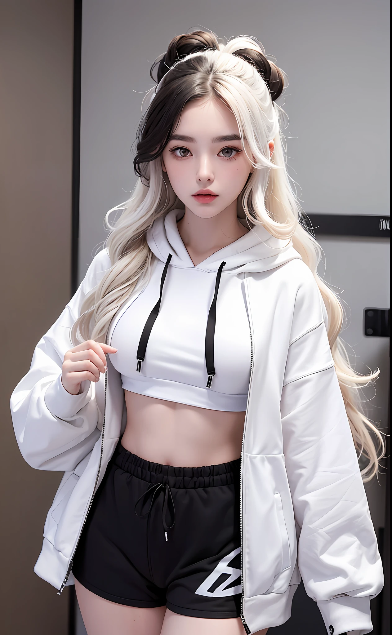 (Masterpiece, realistic, high resolution), (1 girl): 1.2), Korean, ((white wavy hair): 1.3), (heterochromic eyes: 1.1, thick eyebrows,), (white hoodie, black sports shorts), (medium breasts): 1.2, small waist, thighs), catwalk