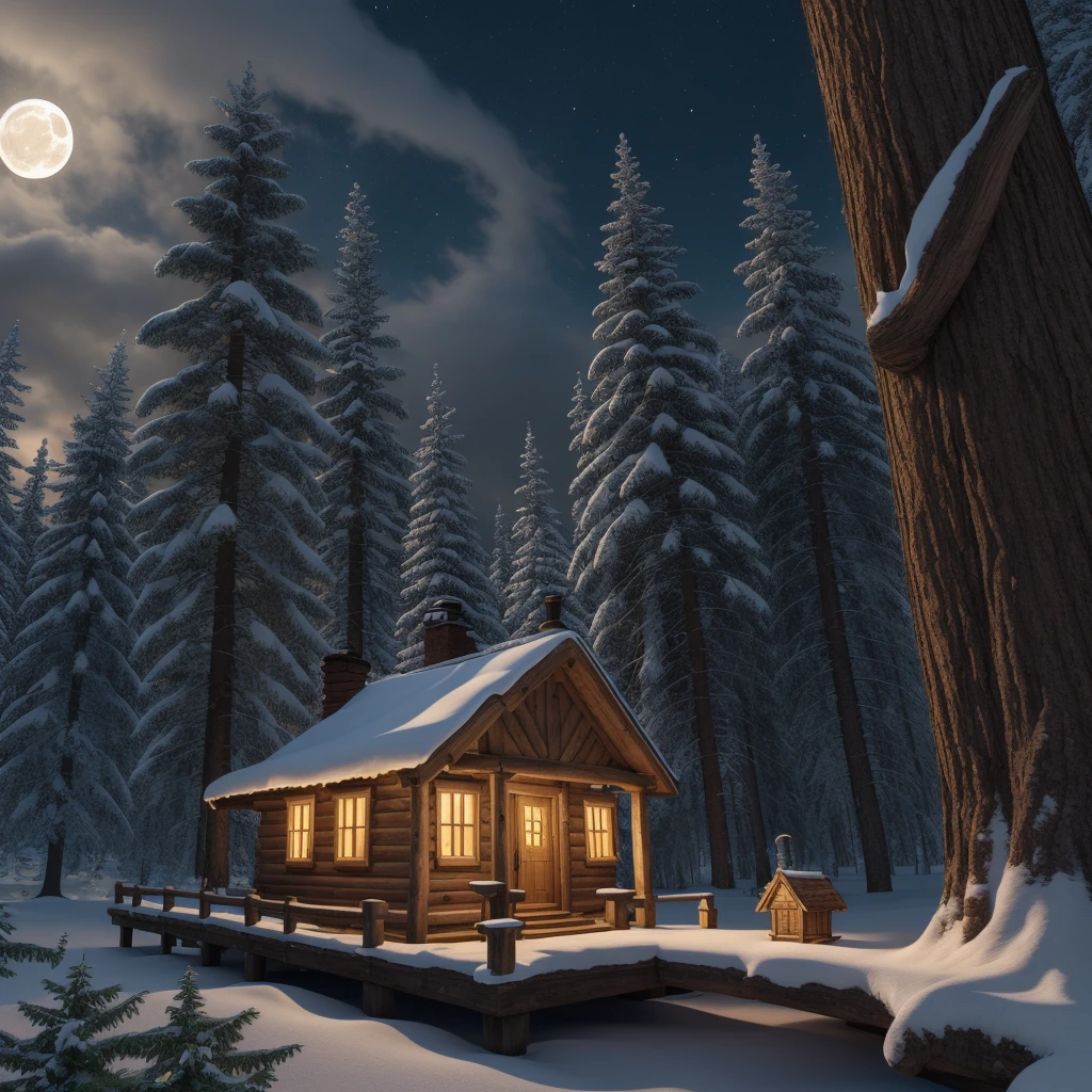 (extremely detailed CG unity 8k wallpaper, masterpiece, best quality, ultra-detailed), night, a wooden hut on to two giant bird paws, the edge of a spruce forest, moonlight, a magical atmosphere