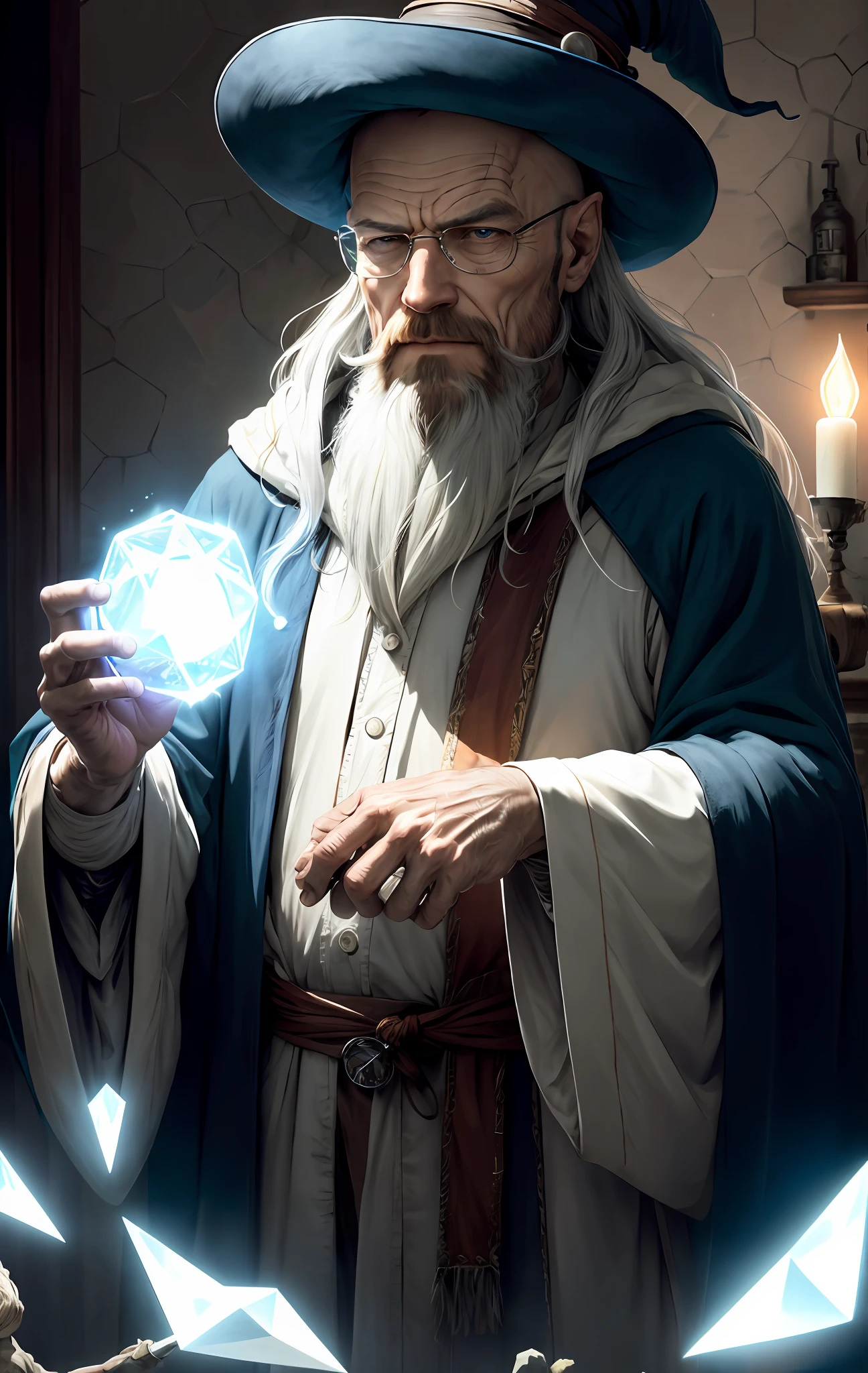 Walter White, (Masterpiece:1.2), (Best Quality), Detailed, UHD, Cinematic Lighting, sharp focus, (illustration:1.1), intricate, Old Wizard with long white hair and beard, wearing a wizard's robe and hat, hands holding a floating object, hands holding a floating blue glowing crystal infront, close up, in a dimly lit room, magician's room, glowing lights, flickering lights,