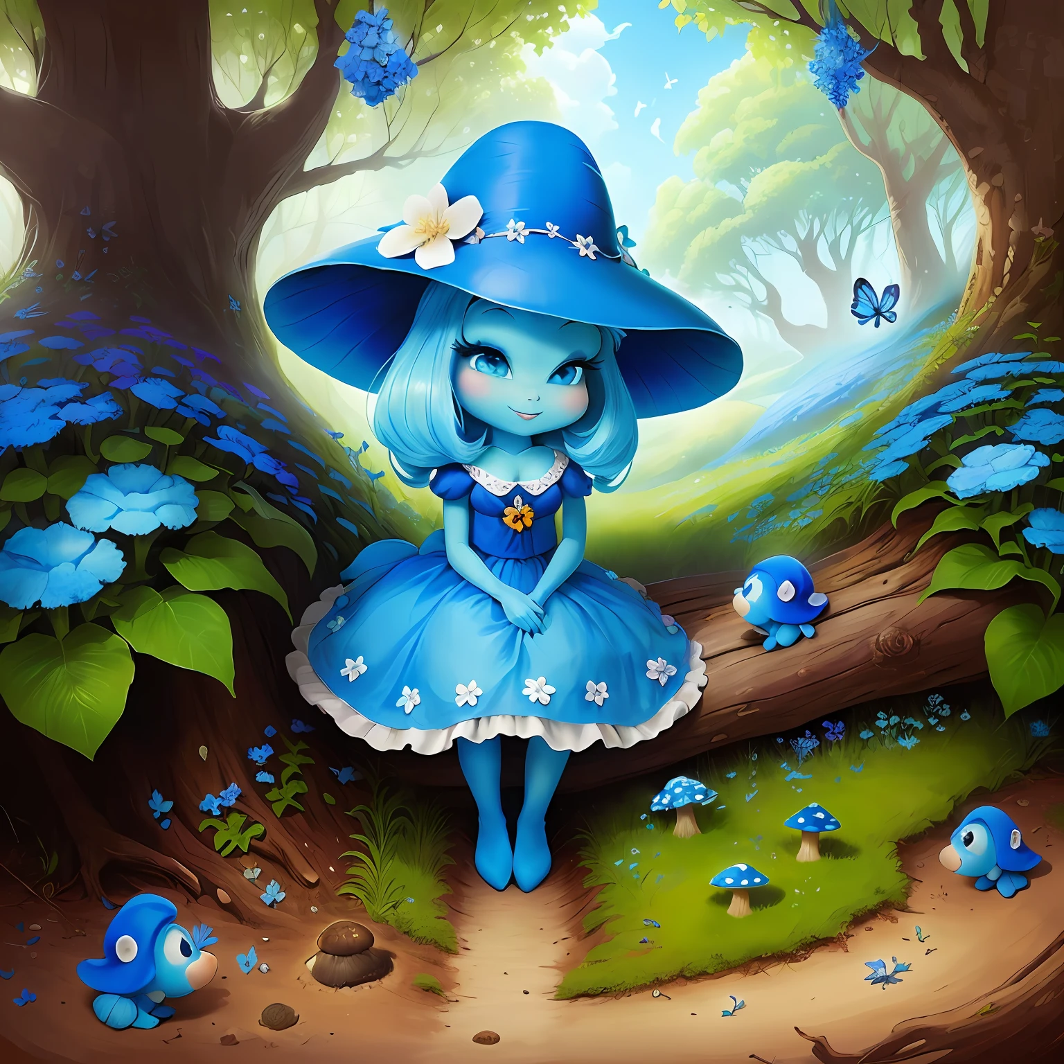 Smurfette anthill, blues flowers,mushroom,  cutte and  pretty butterfly , tree