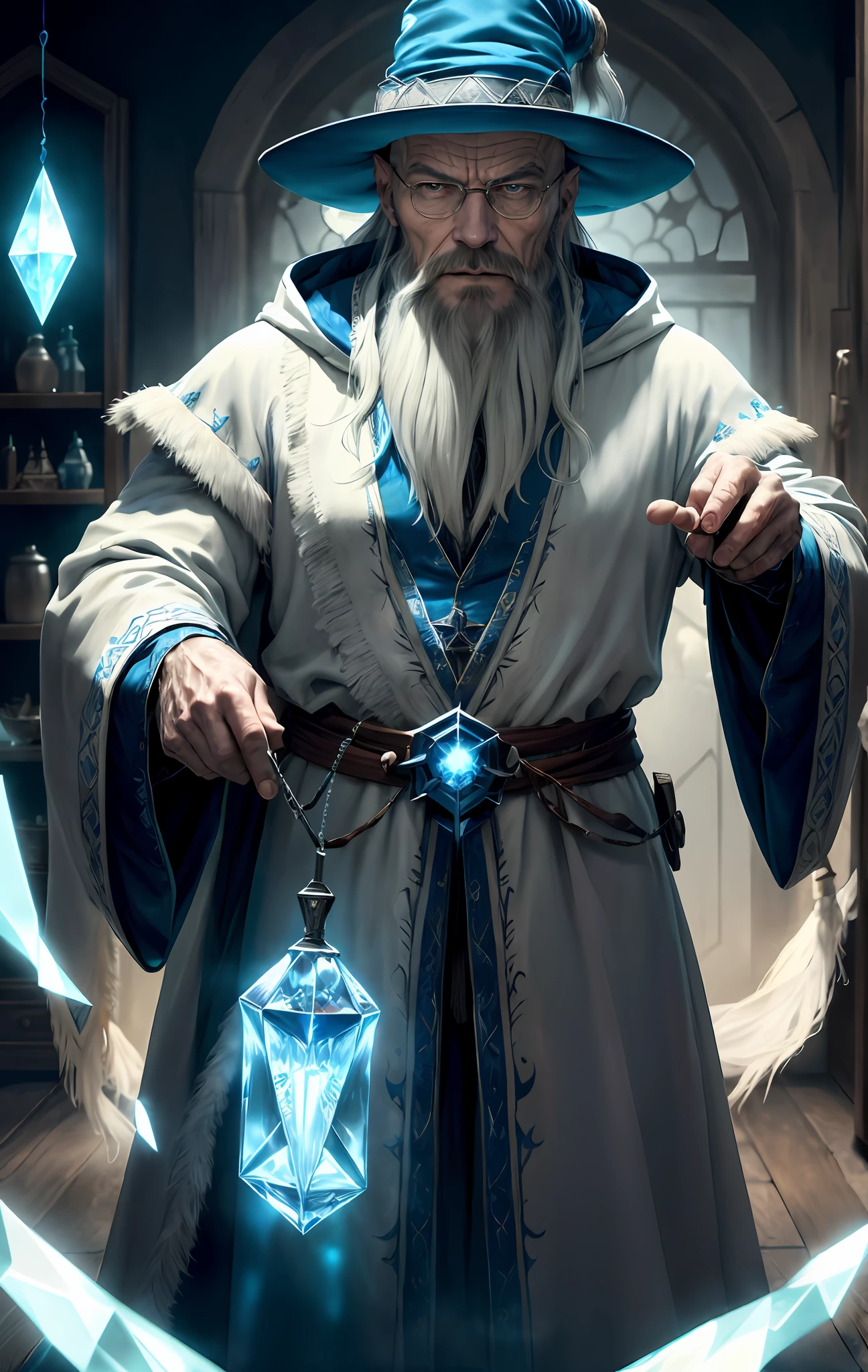 Walter White, (Masterpiece:1.2), (Best Quality), Detailed, UHD, Cinematic Lighting, sharp focus, (illustration:1.1), intricate, Old Wizard with long white hair and beard, wearing a wizard's robe and hat, hands holding a floating object, hands holding a floating blue glowing crystal, in a dimly lit room, magician's room, glowing lights, flickering lights,