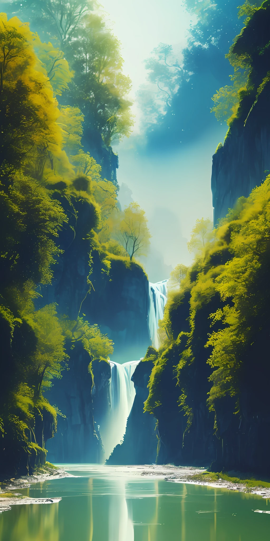 Analog style,ChromaV5,nvinkpunk,(extremely detailed CG unity 8k wallpaper),An image of a majestic river, trees on the sides, tiny waterfall, intense fog ,award winning photography, Chromatic Aberration, Detailed , HDR, Bloom, style by Monet, Pissarro, and Sisley ,trending on ArtStation, trending on CGSociety, art by midjourney